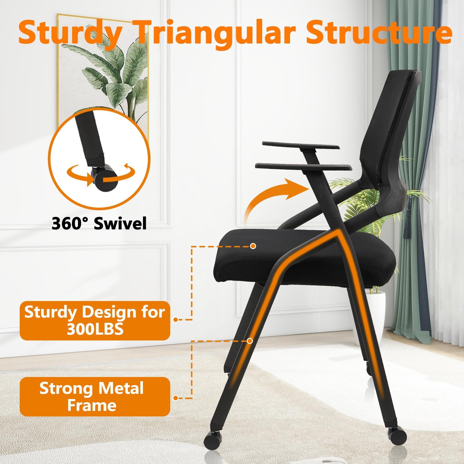 Ergonomic Stackable & Foldable Conference Room Chairs, Mesh Office Chair with Arms and Wheels for Office Waiting Room Meeting Lobby Church School Receptions and Training Black