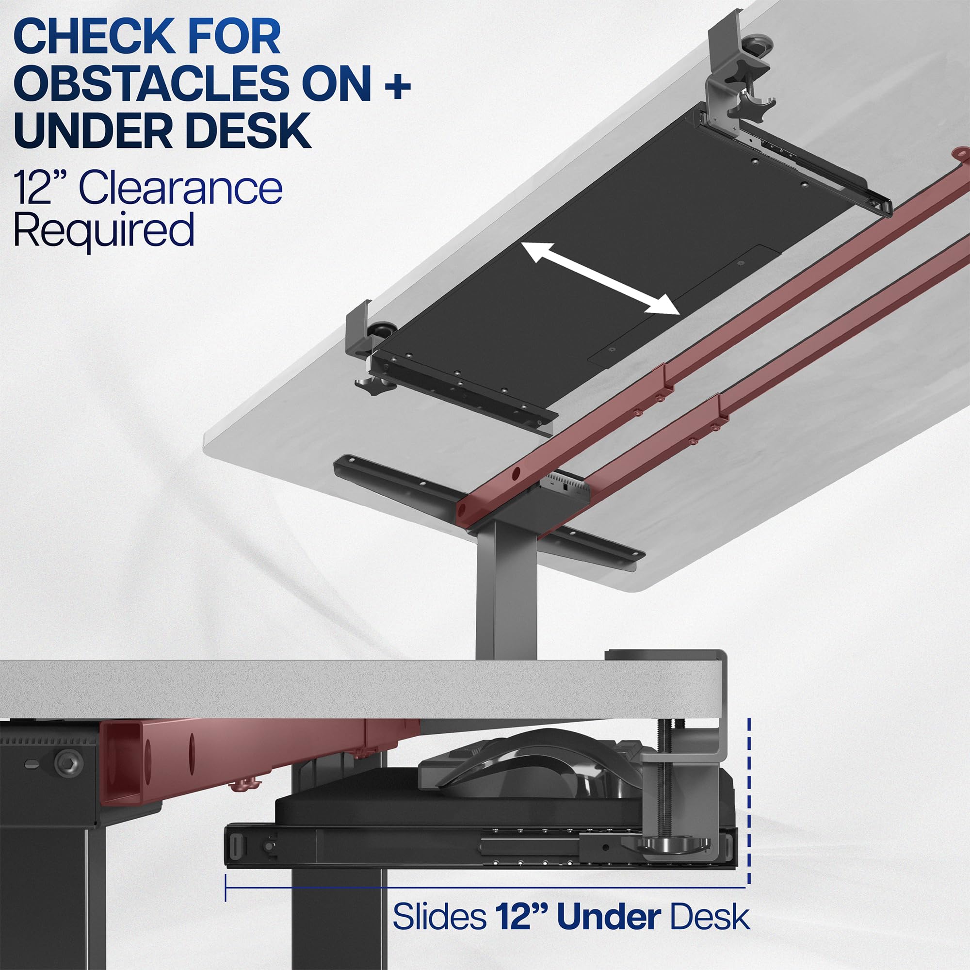 Large Clamp-on Computer Keyboard and Mouse Under Desk Slider Tray, 27 x 11 inch Pull Out Platform Drawer, Dark Wood