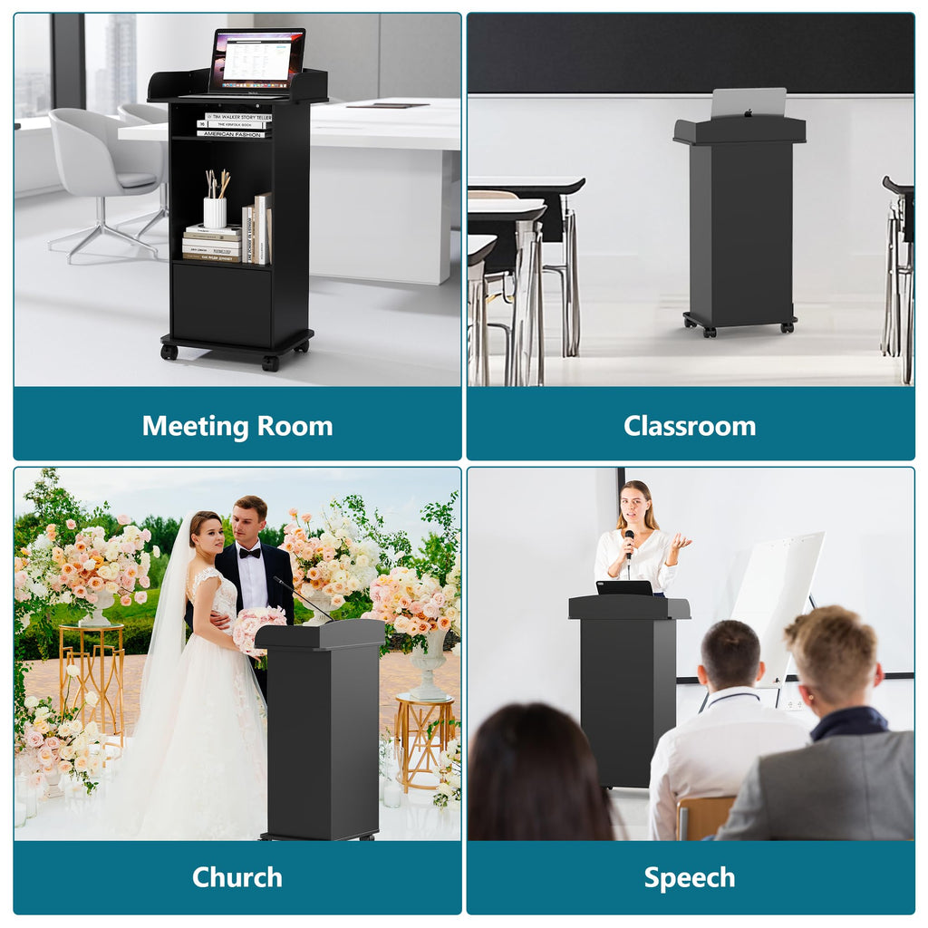 Podium Stand with Wheels Wooden Lectern Podium Stand Portable Pulpit Standing with Storage Mobile Reception Podiums Desk for Church Office School Conference Restaurant Meeting, Black