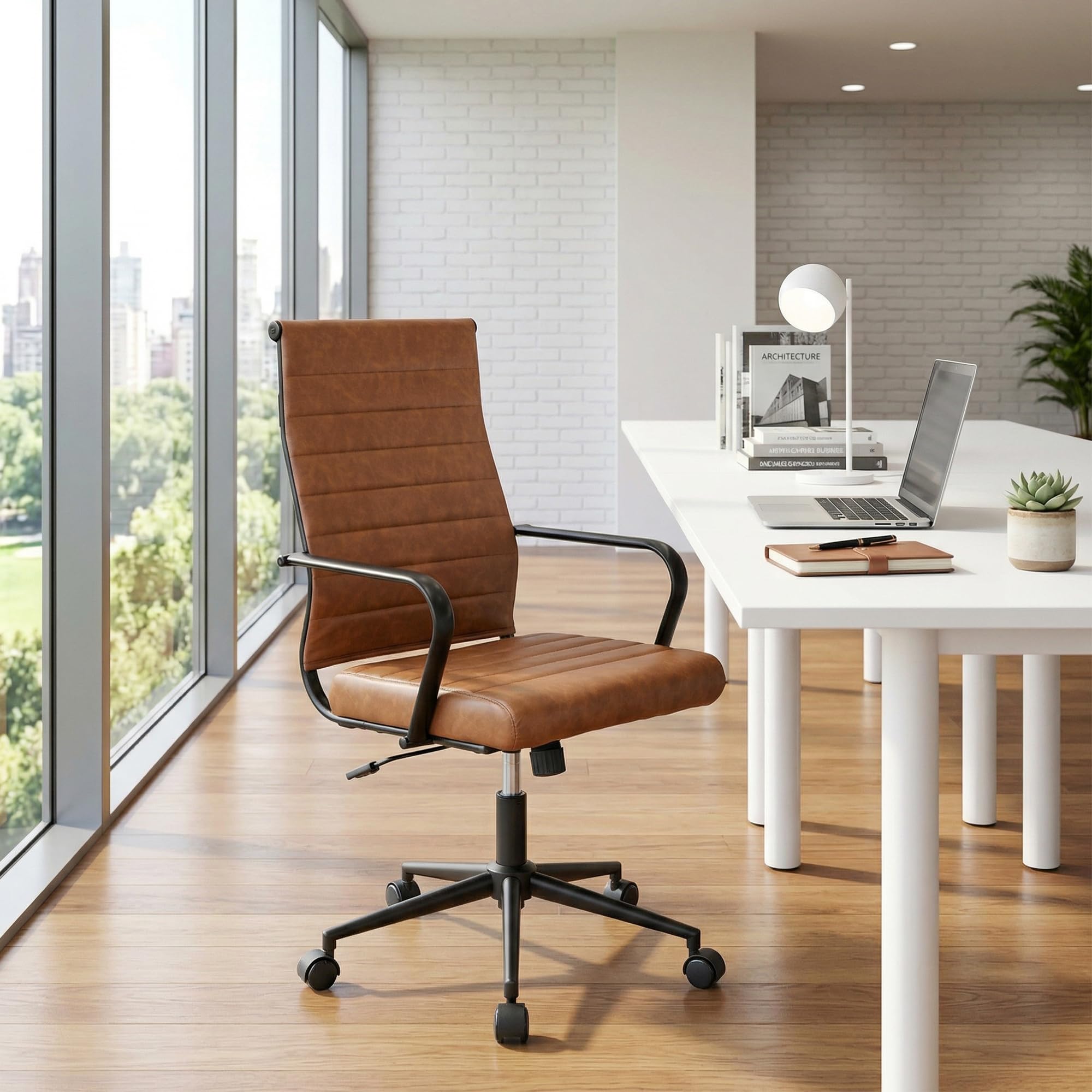 Leather Office Desk Chair, Mid-Century Modern Leather Conference Room Chairs, Ergonomic Executive Ribbed Height Adjustable Swivel Rolling Chair for Home Office.