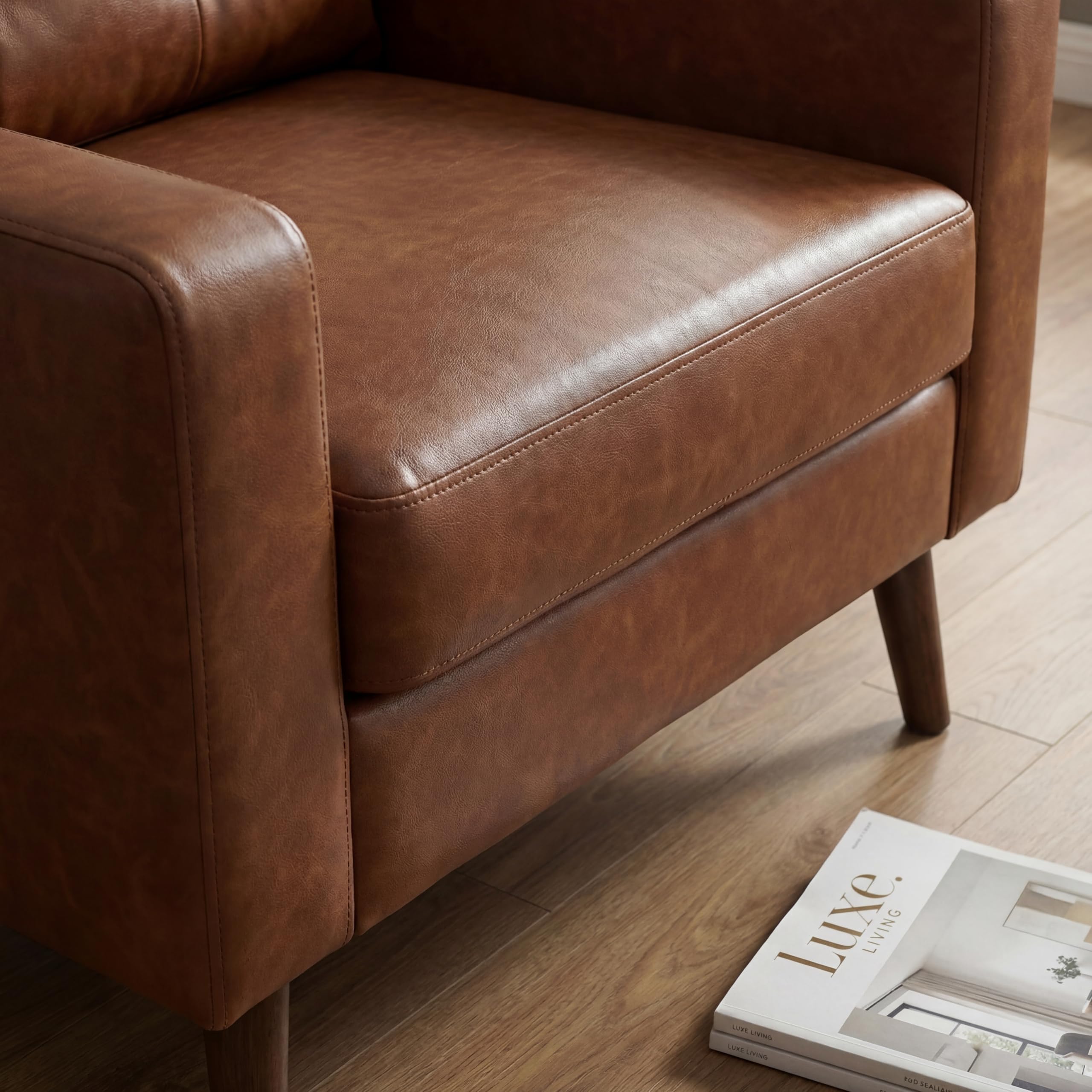 Mid Century Modern Armchair, Button Tufted Faux Leather Accent Chair with Armrests, Upholstered Club Chair for Living Room, Bedroom & Office, Caramel Brown