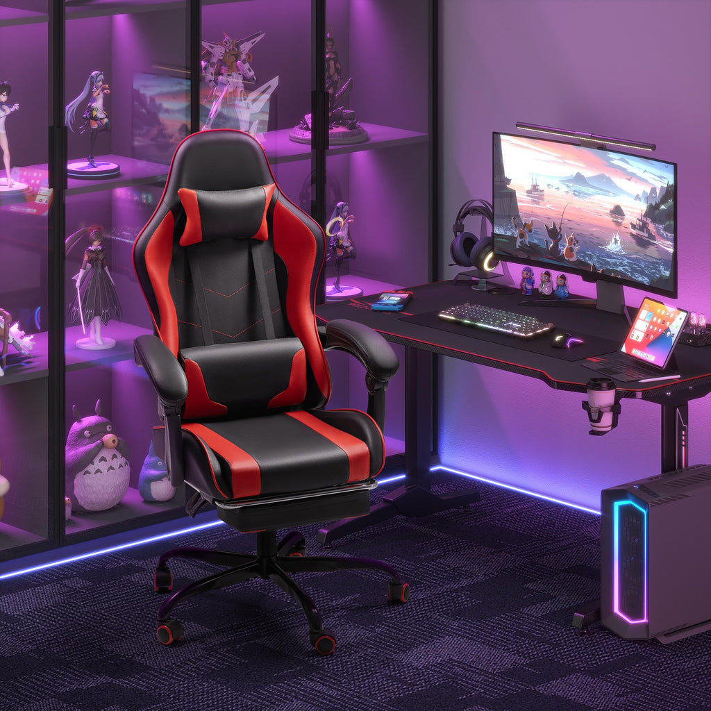 Gaming Chair, Video Game Chair with Footrest and Massage Lumbar Support, Ergonomic Computer Chair Height Adjustable with Swivel Seat and Headrest (Red)
