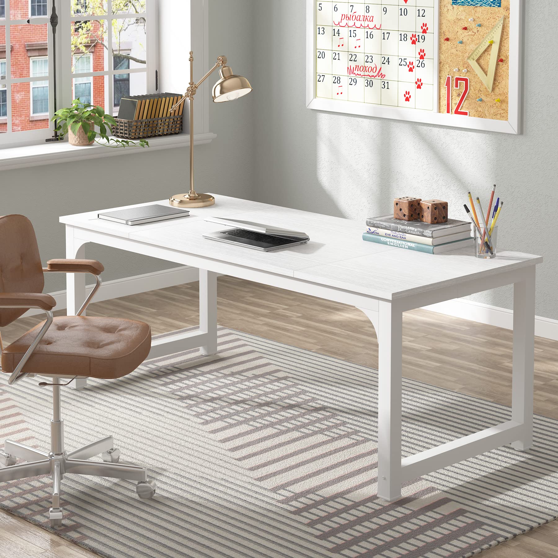 70.8”Executive Desk, Large Office Computer Desk with Thicken Frame, Modern Simple Workstation Business Furniture for Home Office, White
