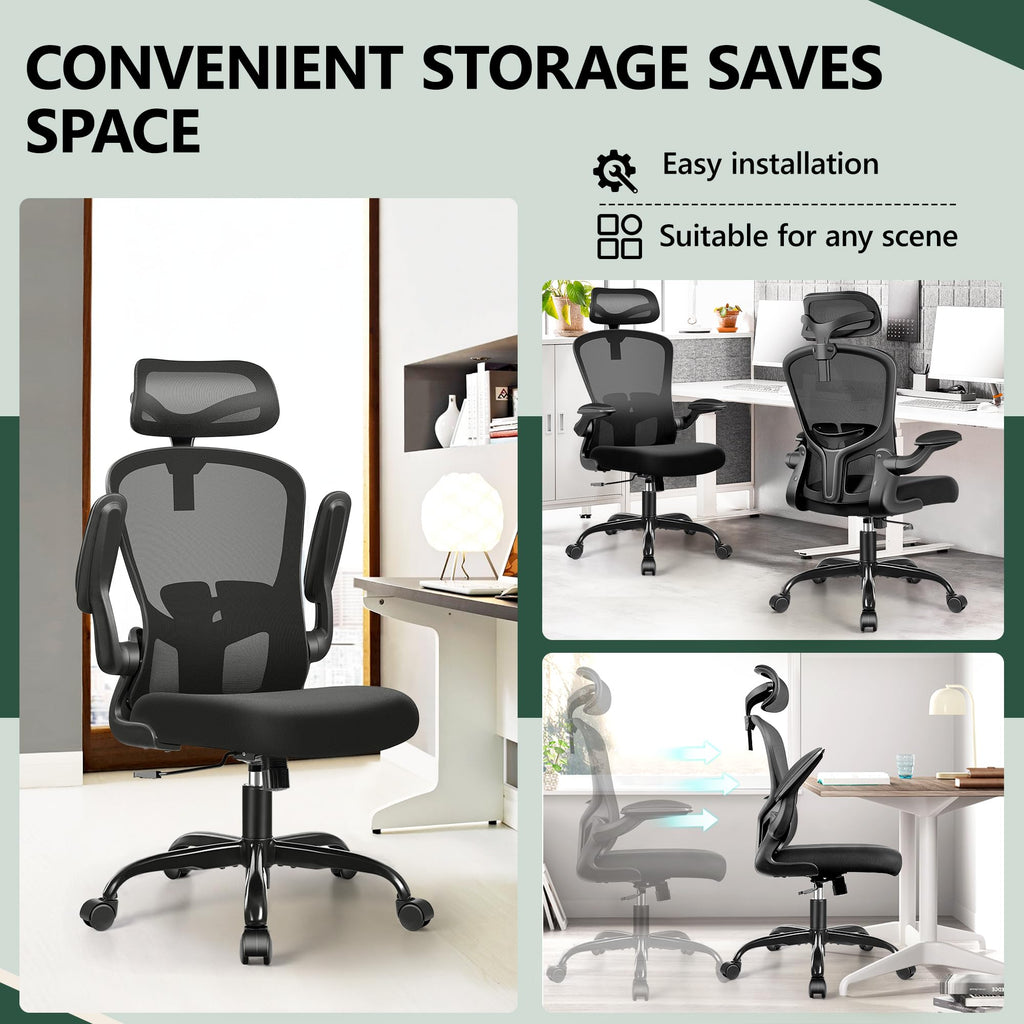 Office Chair Ergonomic Desk Chair with Headrest, High Back Computer with Adjustable Lumbar Support and Wheels,Executive Swivel Comfy with flip-up Armrests for Home Office
