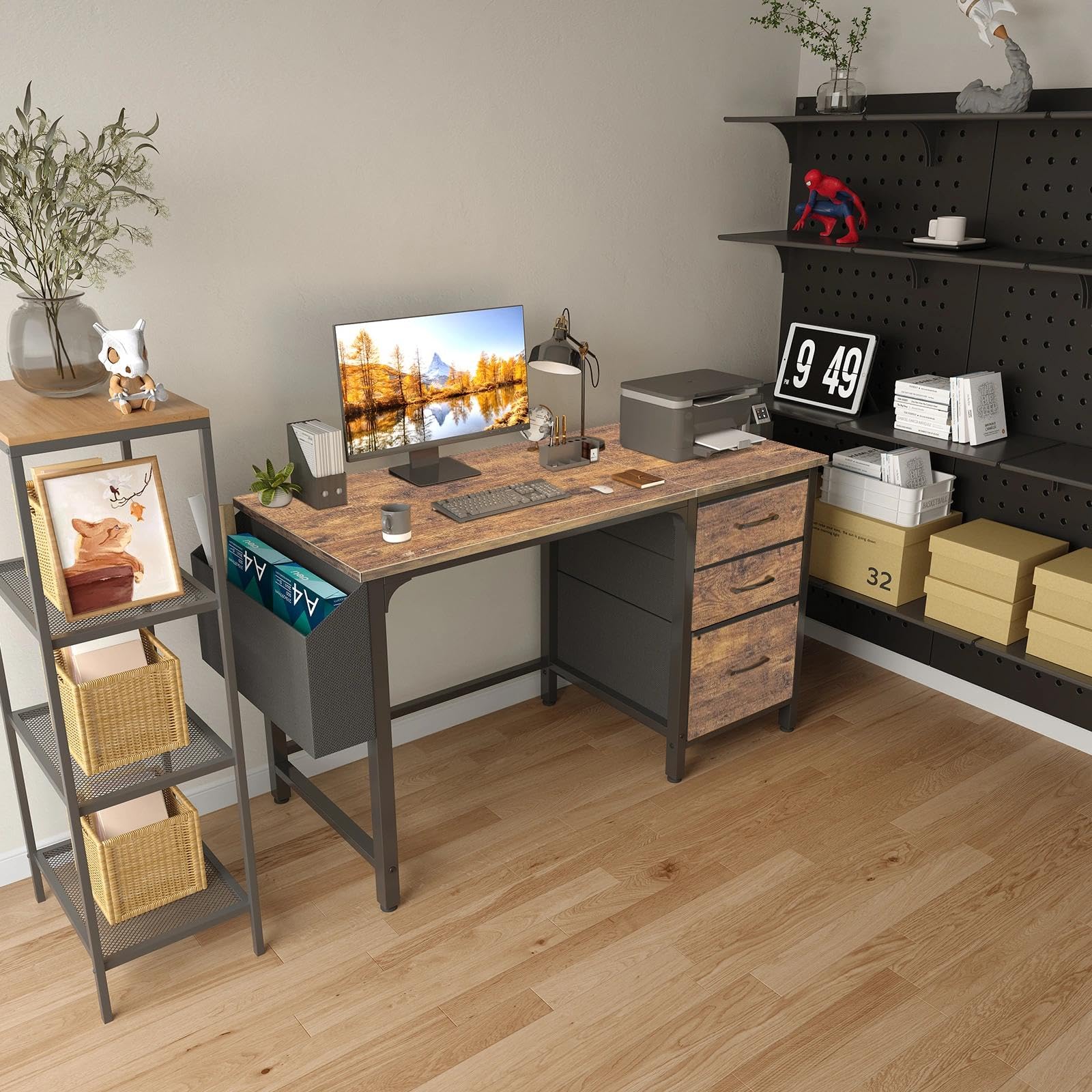 Computer Desk with File Drawers Cabinet, 47 Inch Reversible Home Office Desks with Fabric Filing Cabinet for Small Space, Study Writing Table PC Desks, Rustic Brown