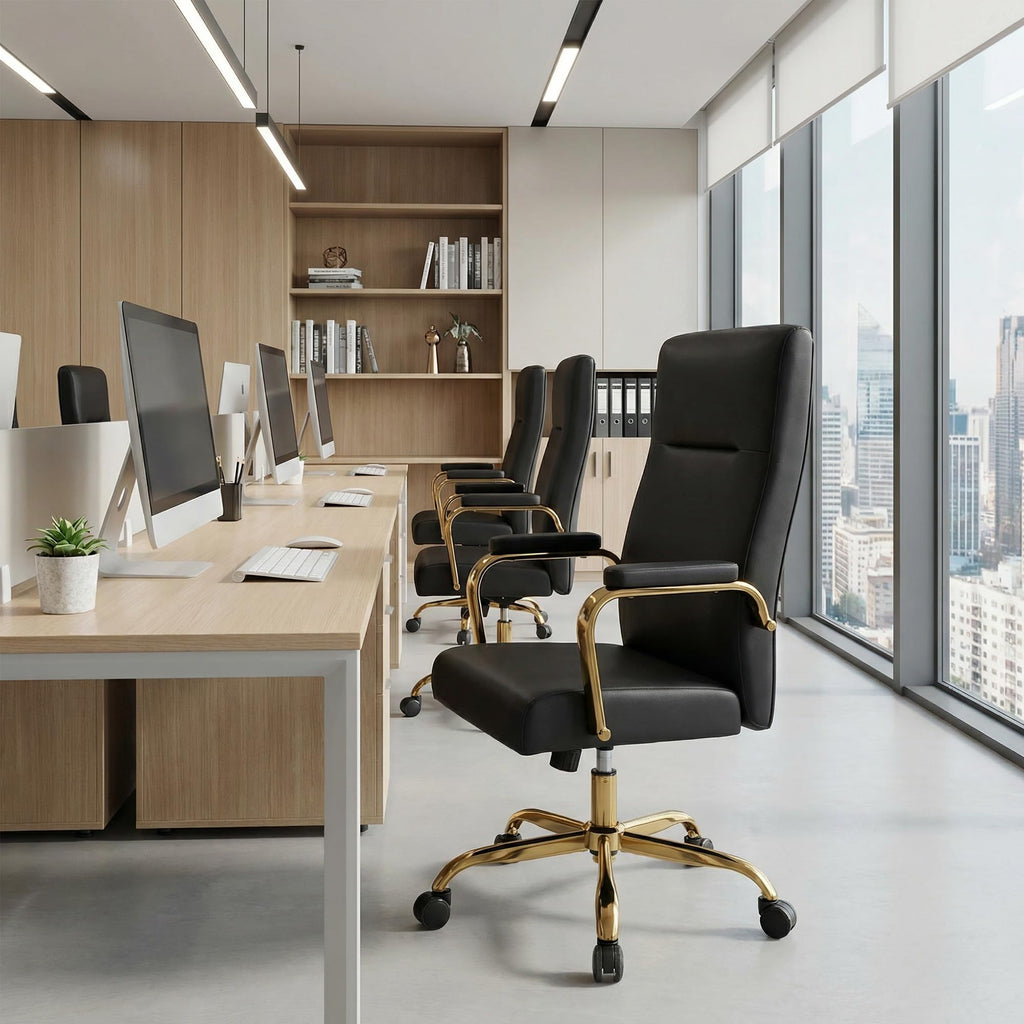 Black and Gold Office Desk Chair,Leather Conference Room Chairs with Wheels,Modern High Back Executive Office Chair with Memory Foam,Ergonomic Swivel Computer Chair for Home Office