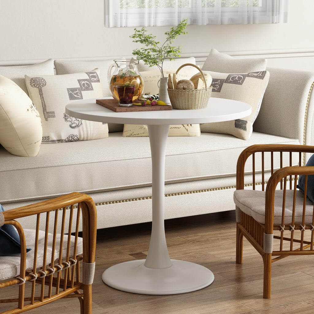 Kasinali Round Dining Table 30" Circle Tulip Table with Wood Thickened Tabletop & Sturdy Metal Pedestal Mid Century Modern Leisure Bistro Kitchen Tables 4 People Small Places Living Room Cafe,White