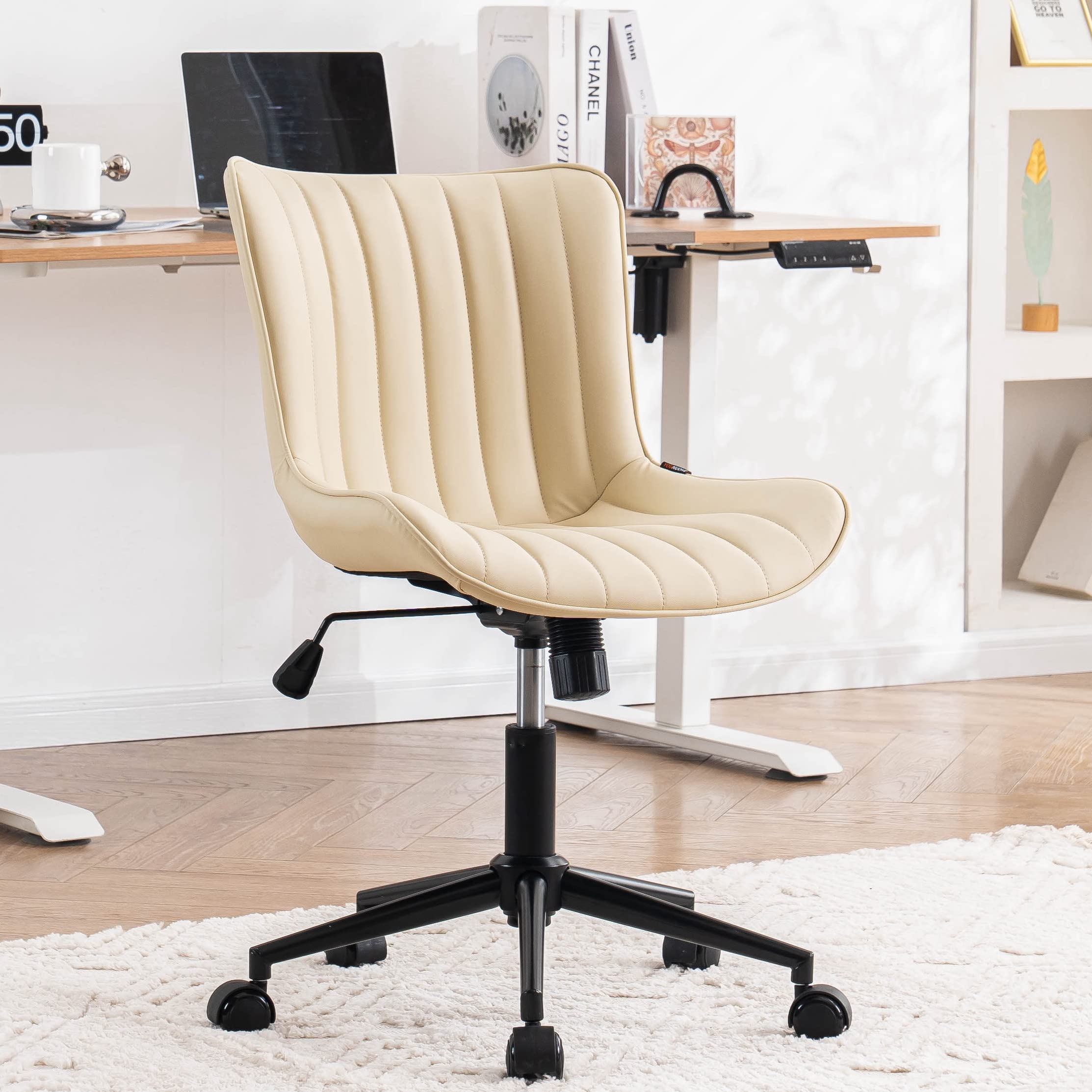 Ergonomic Home Office Desk Chair with Wheels Comfy Armless Vanity Chair with Adjustable Back Modern Leather Upholstered Swivel Computer Chair Small Rolling Task Chair  Beige