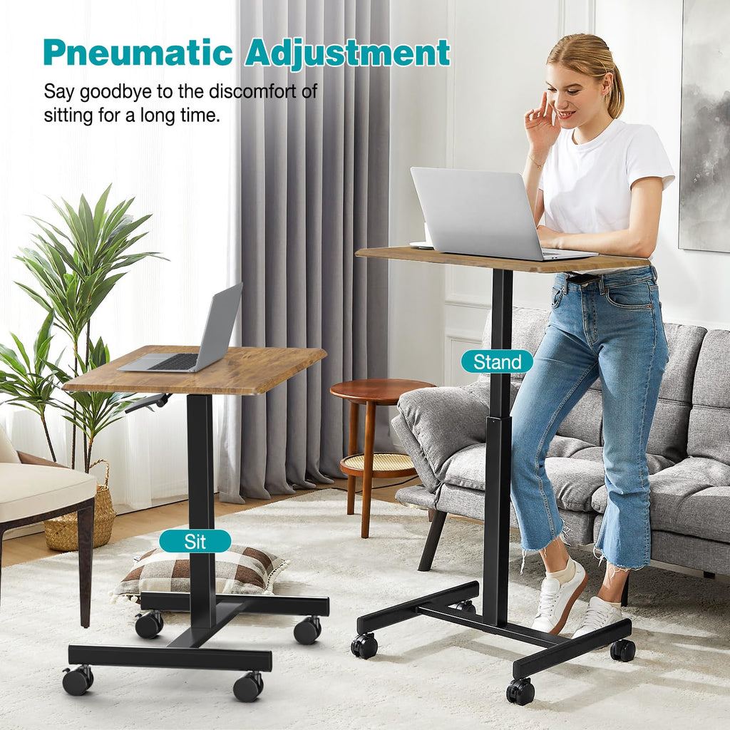 Small Standing Desk Mobile Portable Rolling Laptop PC Table on Wheels Adjustable Height Computer Workstation for Home Office, 19 Inch, Modern Brown