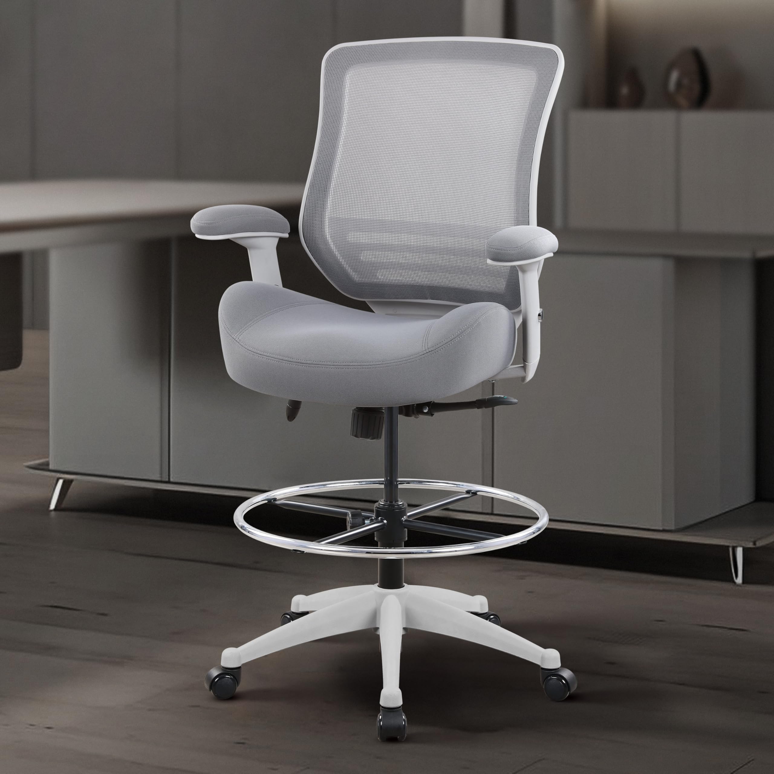 400lbs Mesh Ergonomic Office Drafting Chair Big Adjustable Foot Ring Height Adjustable Armrest (Grey)