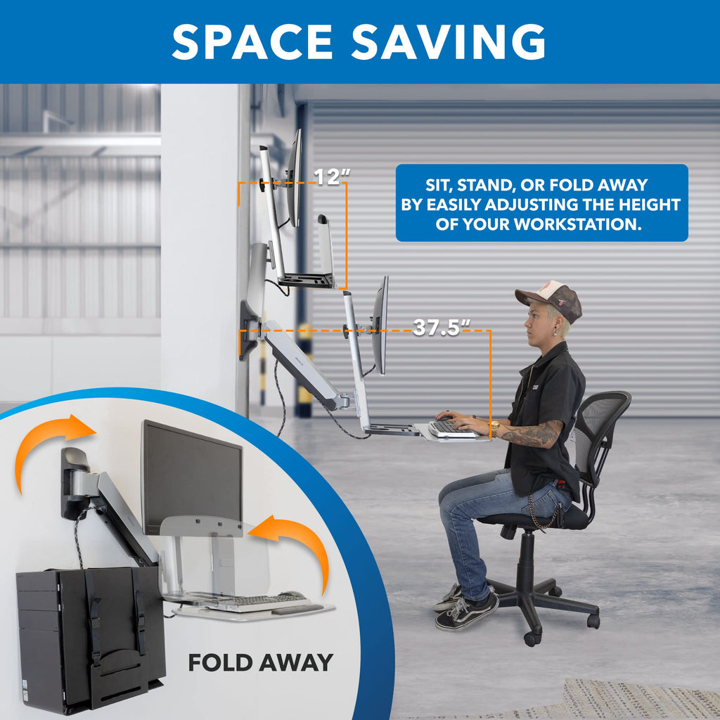 Wall Mounted Sit-Stand Single Monitor Workstation with Gas Spring Arm, Keyboard Tray & CPU Holder, 19.9” Height Adjustment, 41” Extension, VESA 75x75 100x100