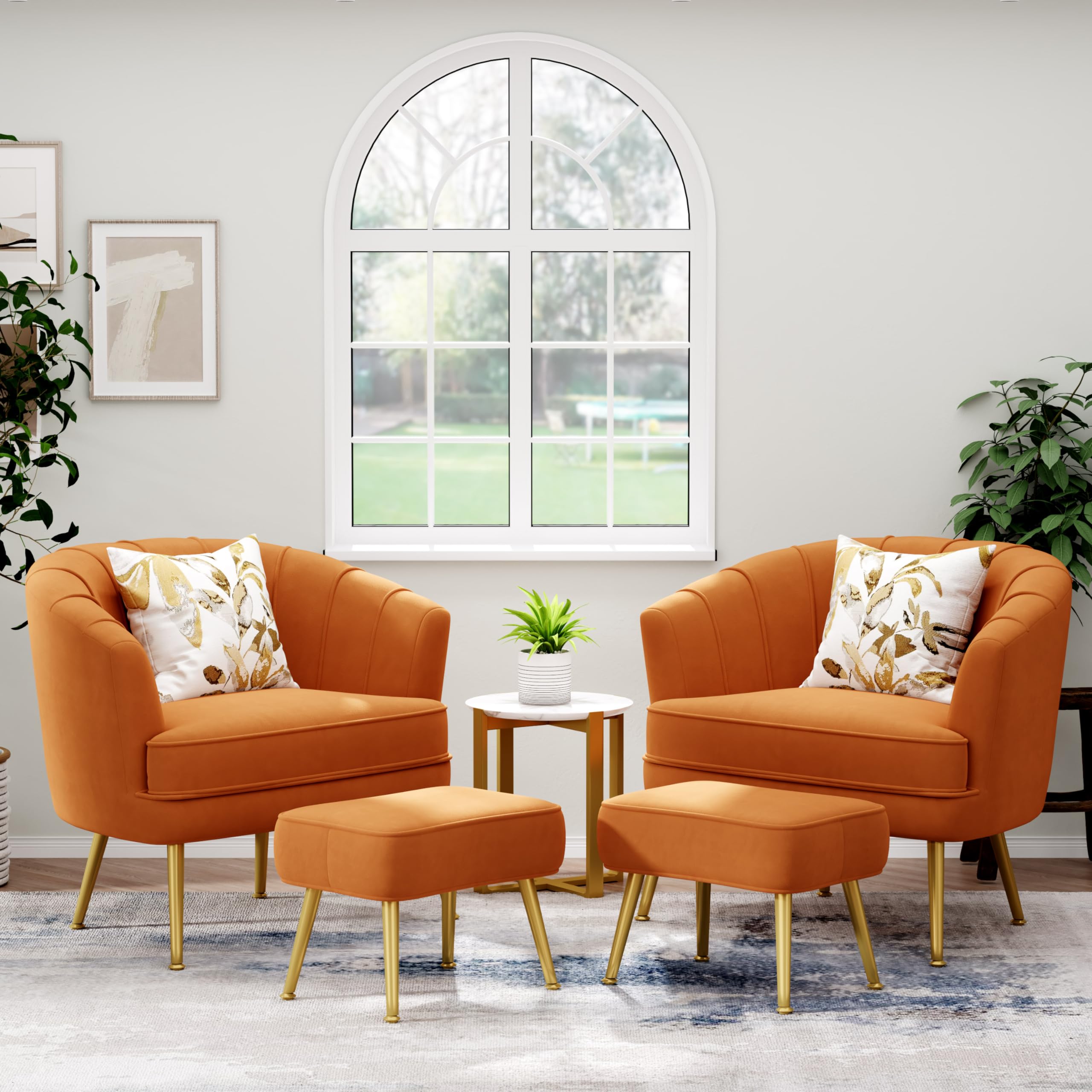 Velvet Accent Chair with Ottoman,Upholstered Modern Single Sofa Side Chair,Comfy Barrel Club Living Room Armchair with Golden Metal Legs for Office Bedroom Living Reading Room ,Caramel Orange