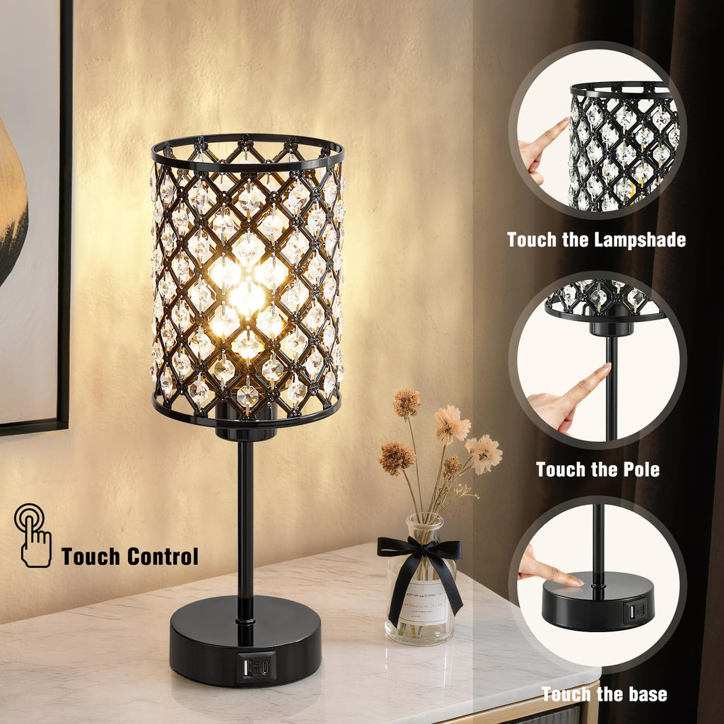 Black Crystal Bedside Table Lamps Set of 2 with USB C+A Ports
