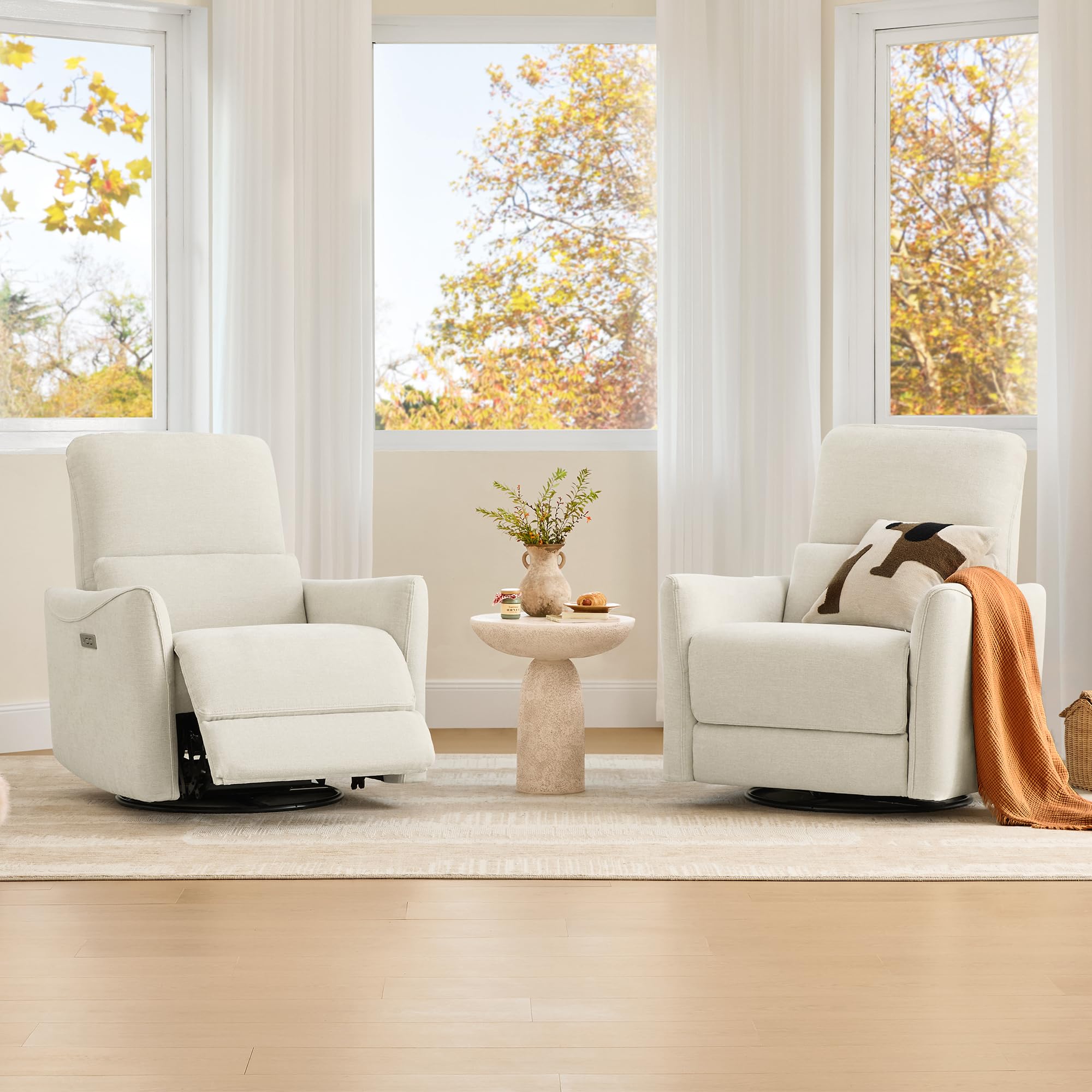 Power Recliner Chair Swivel Glider, FSC Certified Upholstered Living Room Nursery Reclining Sofa Chair with Lumbar Support, Linen