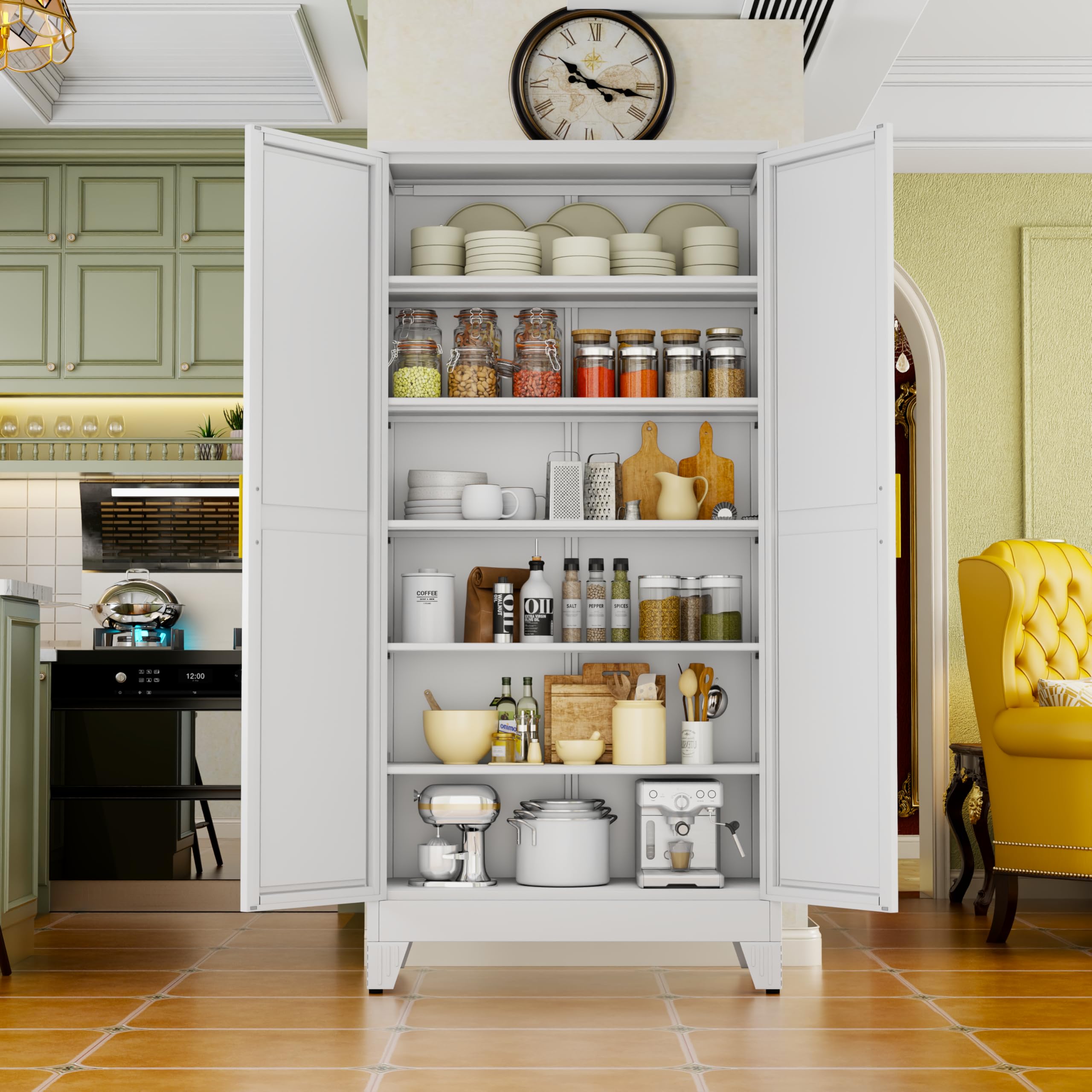 White Metal Storage Cabinet,75" Steel Cabinets for Home Office
