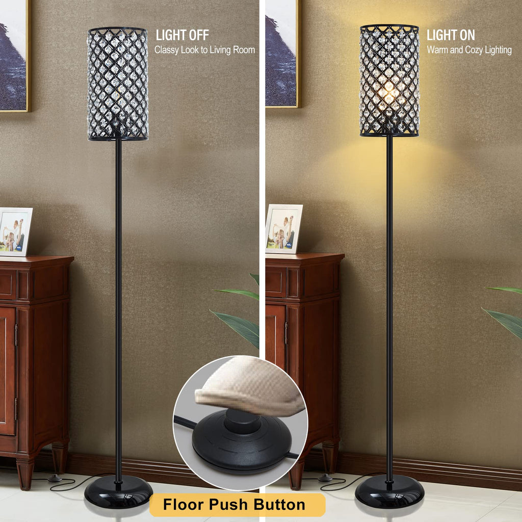 Crystal Floor Lamp, Modern Standing Lamp with Elegant Shade Black Floor Lamp with On/Off Foot Switch,Tall Pole Accent Lighting for Living Room, Girl Bedroom, Dresser, Office