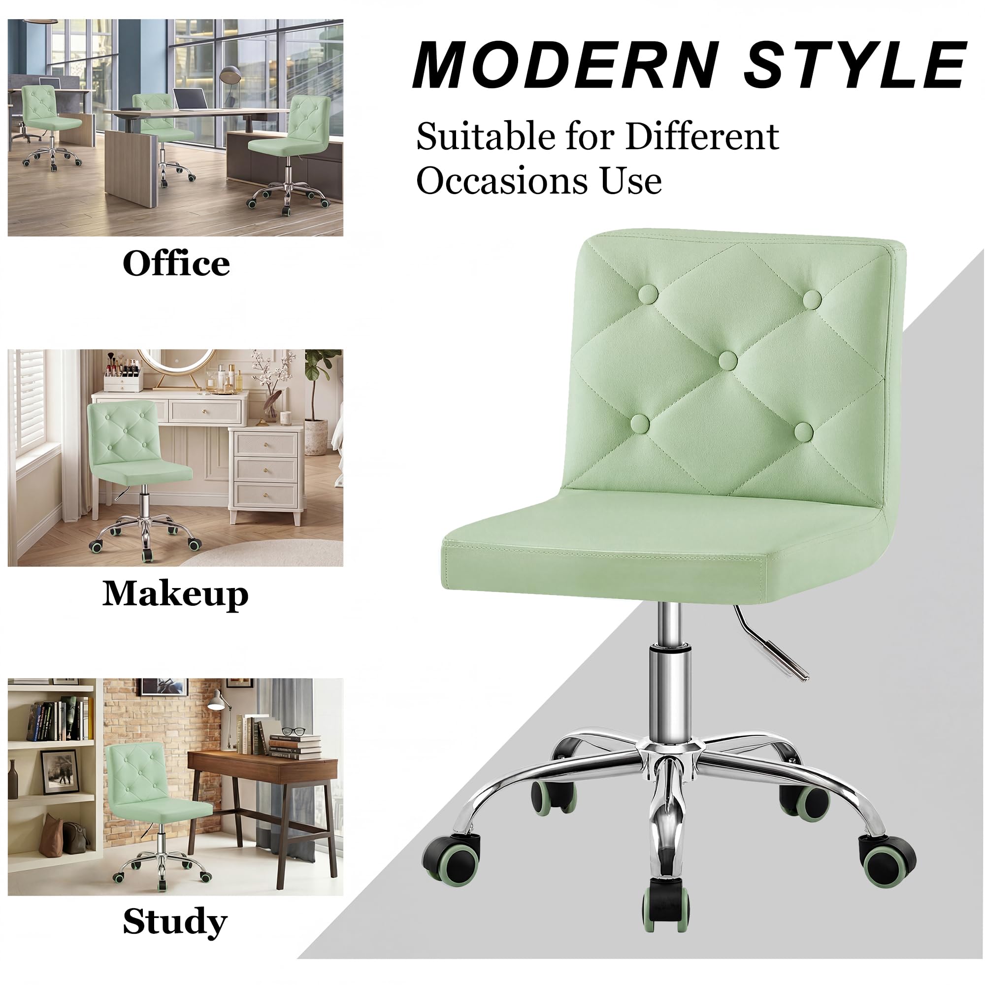 PU Leather Mid-Back Armless Vanity Chair Adjustable Height 360° Rolling Swivel for Office Work