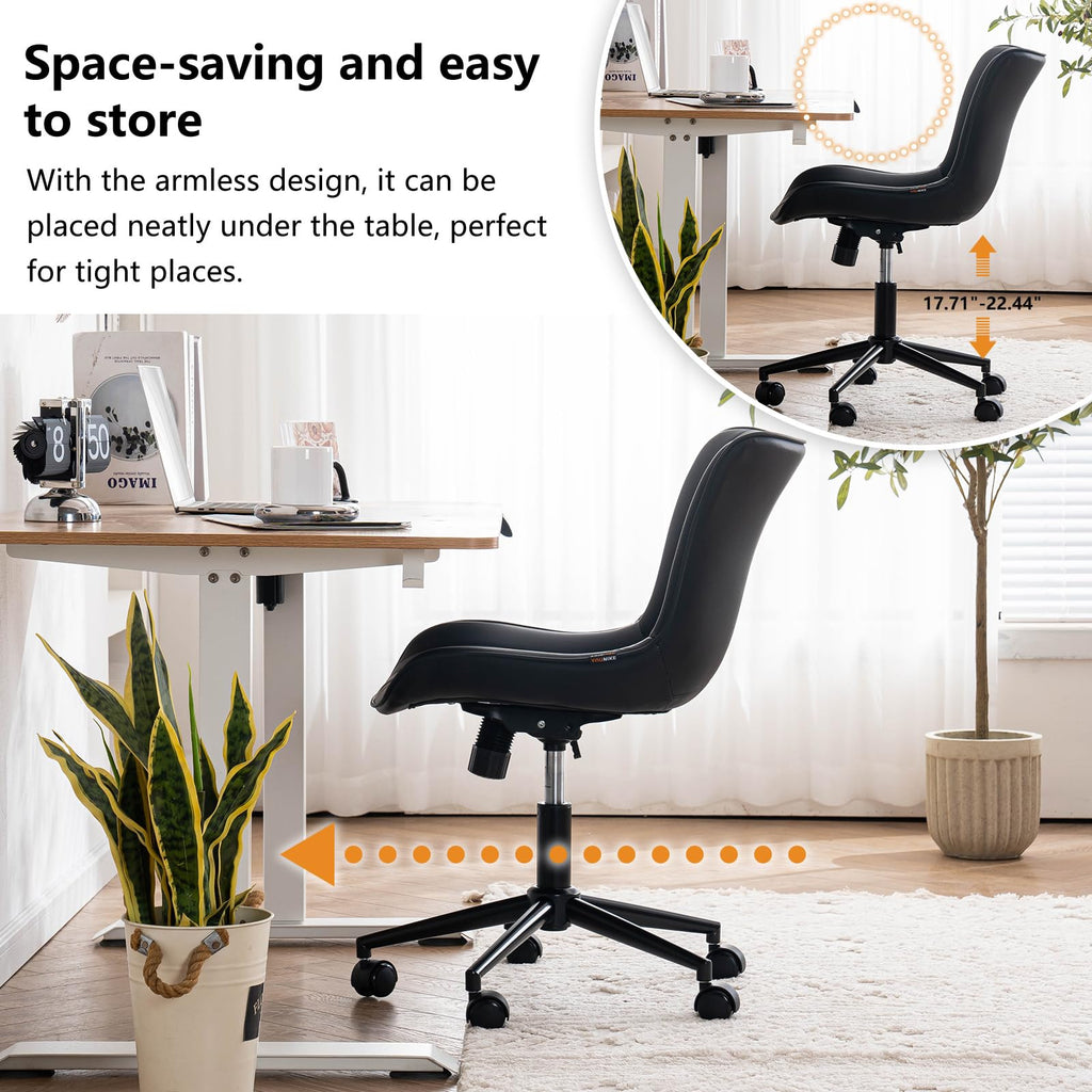 Black Home Office Desk Chair with Wheels Comfy Armless Small Vanity Chair with Adjustable Rocking Back Modern Leather Upholstered Rolling Computer Chair Swivel Task Drafting Chair Cute Compact