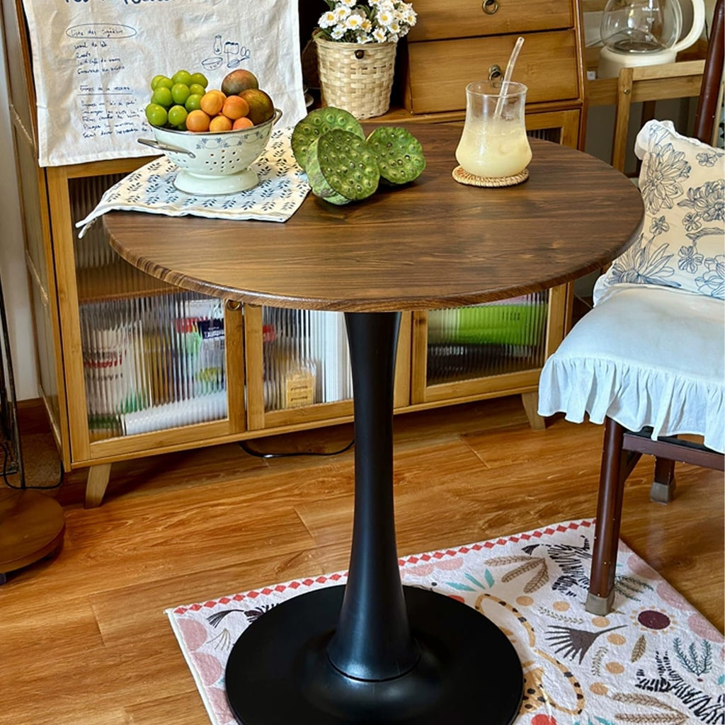 HYYTEIBL 27.3" Round Tulip Dining Table for 2-4 People with Walnut Top and Black Metal Pedestal Base, Mid-Century Modern Small Space Table for Kitchen, Living Room, Cafe