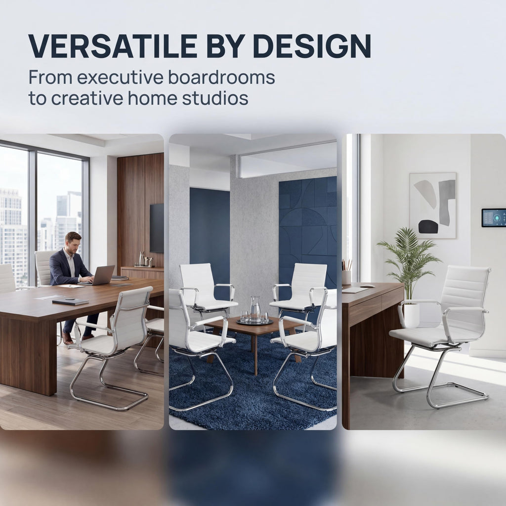 Conference Room Chairs Set of 6, Waiting Room Chairs with Arms, Faux Leather Reception Chairs No Wheels, Office Guest Chairs with Mid Back Support and Chrome Sled Base, White