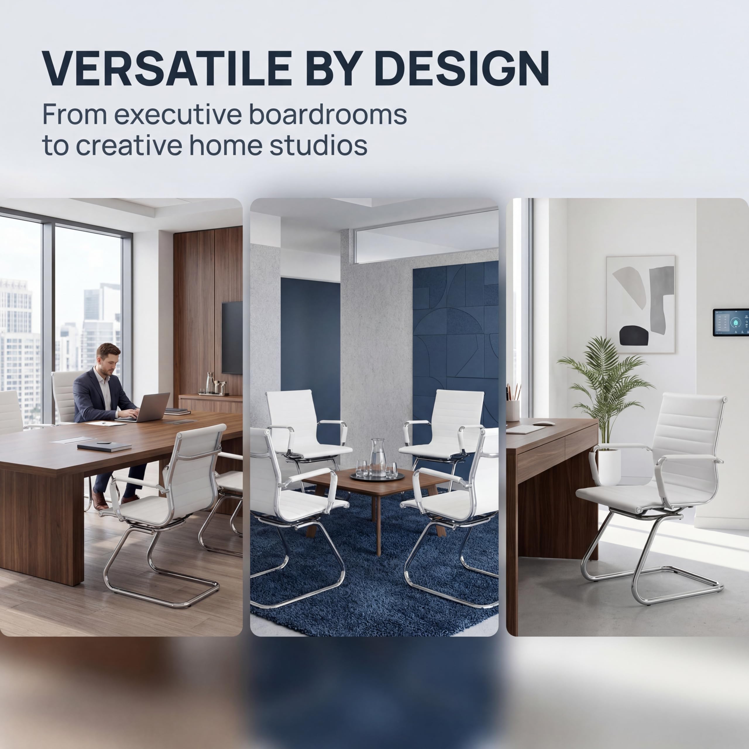Conference Room Chairs Set of 6, Waiting Room Chairs with Arms, Faux Leather Reception Chairs No Wheels, Office Guest Chairs with Mid Back Support and Chrome Sled Base, White