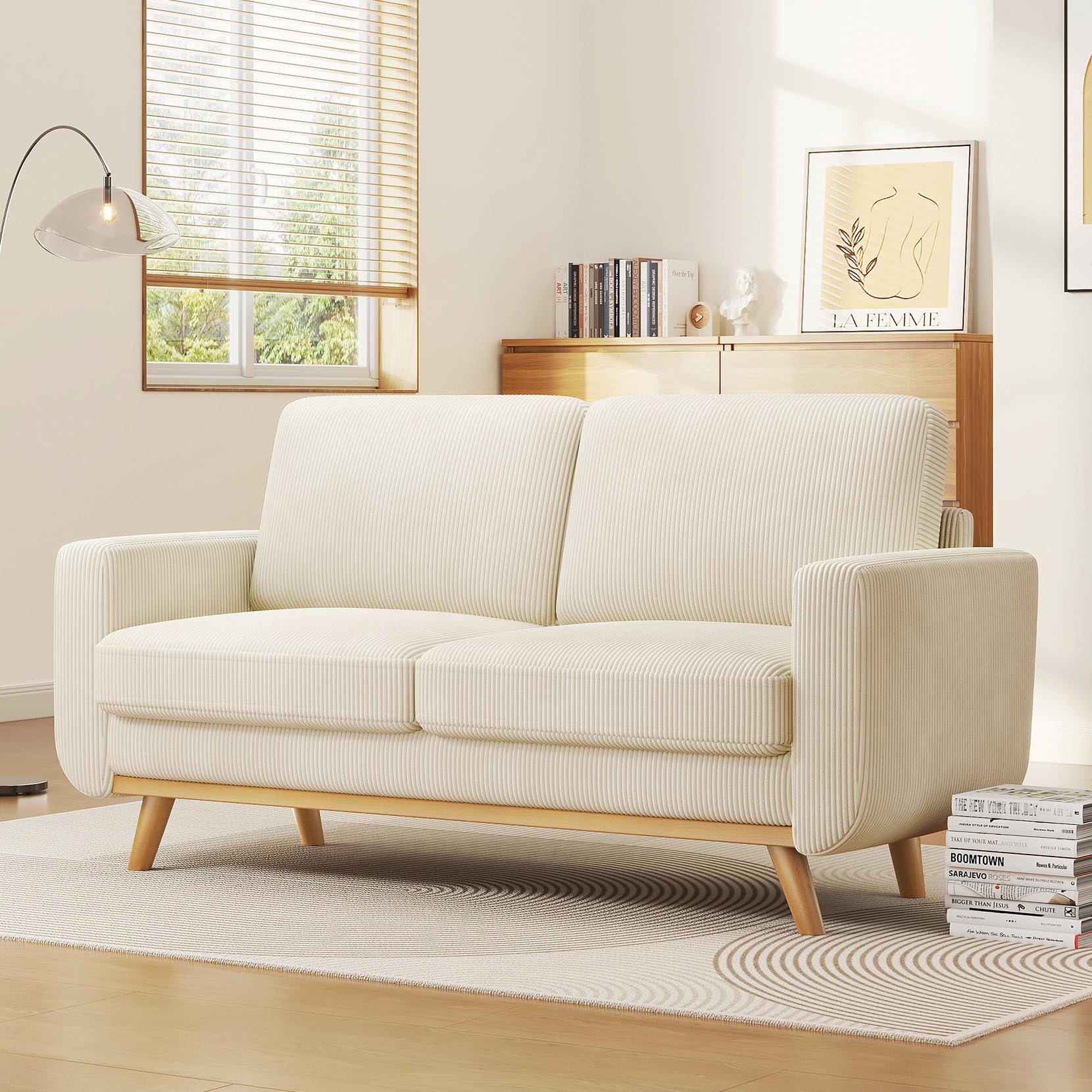 68" Loveseat Sofa Beige, Comfy Corduroy Couch with Spring Cushion, Modern Sofa with Deep Seat, for Bedroom & Living Room