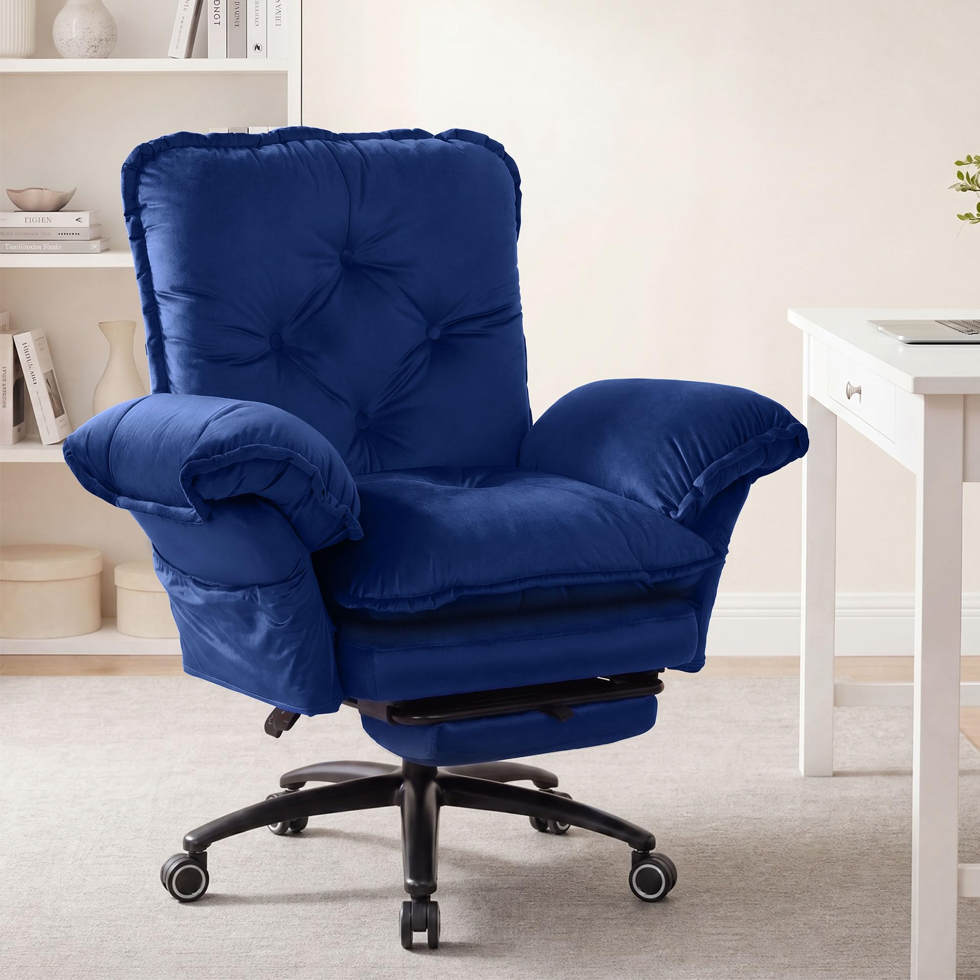 Criss Cross Chair with Adjustable Arms and Foot Rest, Wide Seat Reclining Office Chair with Back and Wheels, Makeup Vanity Chair with Side Pockets, Comfy Velvet Cross Legged Desk Chair, Blue