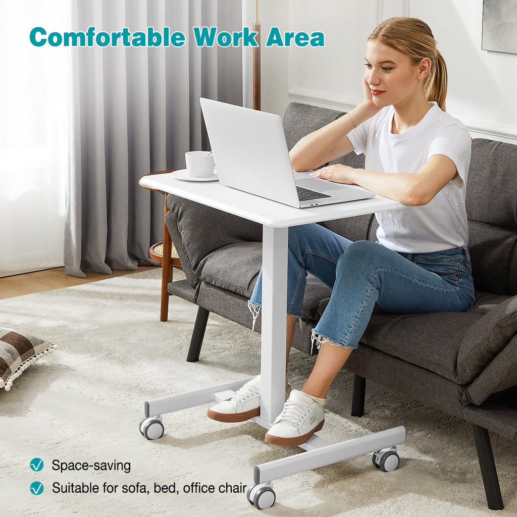 Mobile Small Standing Desk, Portable Rolling Laptop Desk with 2 Lockable Wheels, Adjustable Height Computer Workstation for Home Office, 19 Inch White