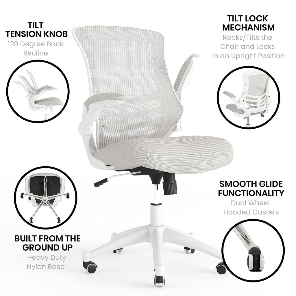Mid-Back Swivel Office Chair with Adjustable Lumbar Support and Seat Height, Ergonomic Mesh Desk Chair with Flip-Up Armrests, Gray/White