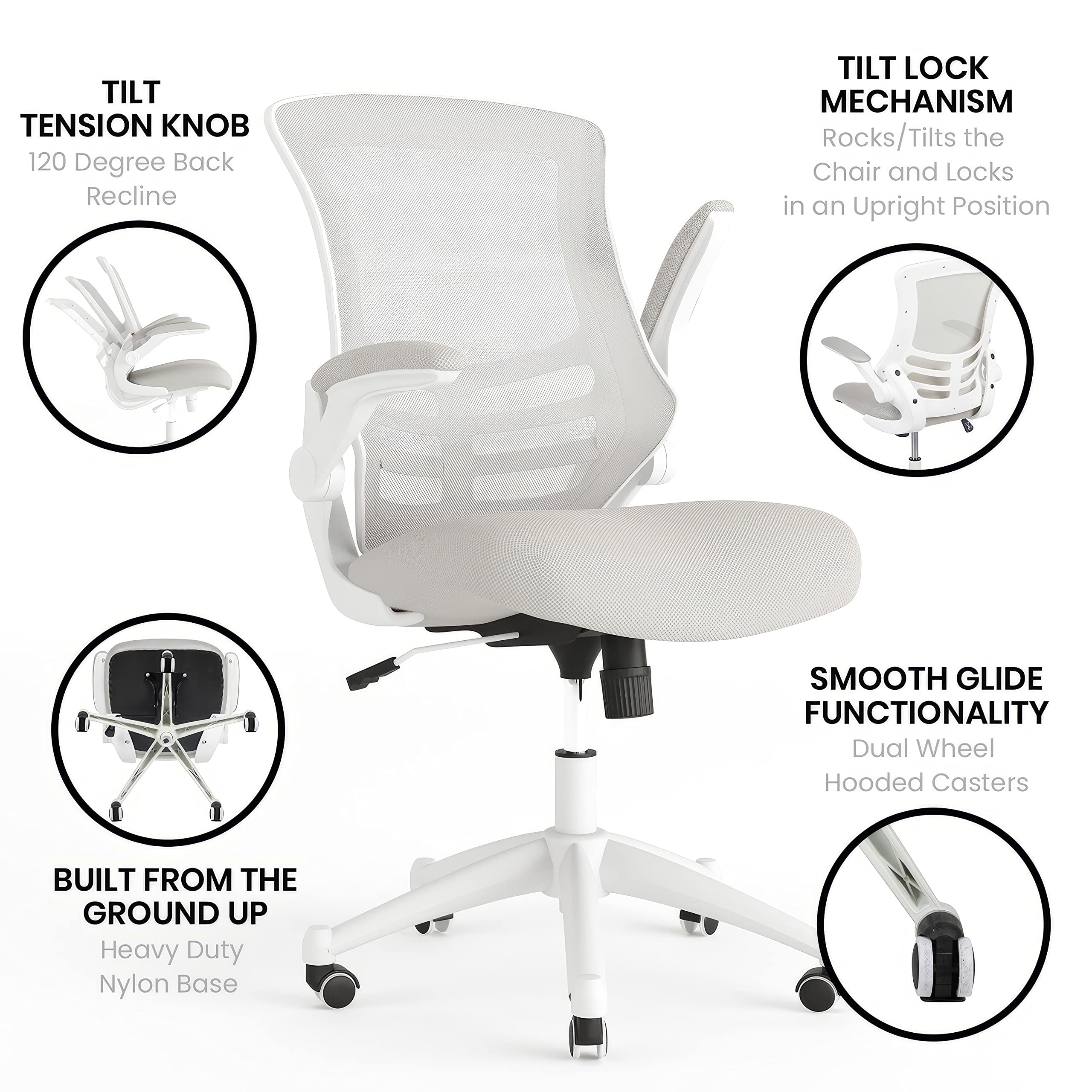 Mid-Back Swivel Office Chair with Adjustable Lumbar Support and Seat Height, Ergonomic Mesh Desk Chair with Flip-Up Armrests, Gray/White