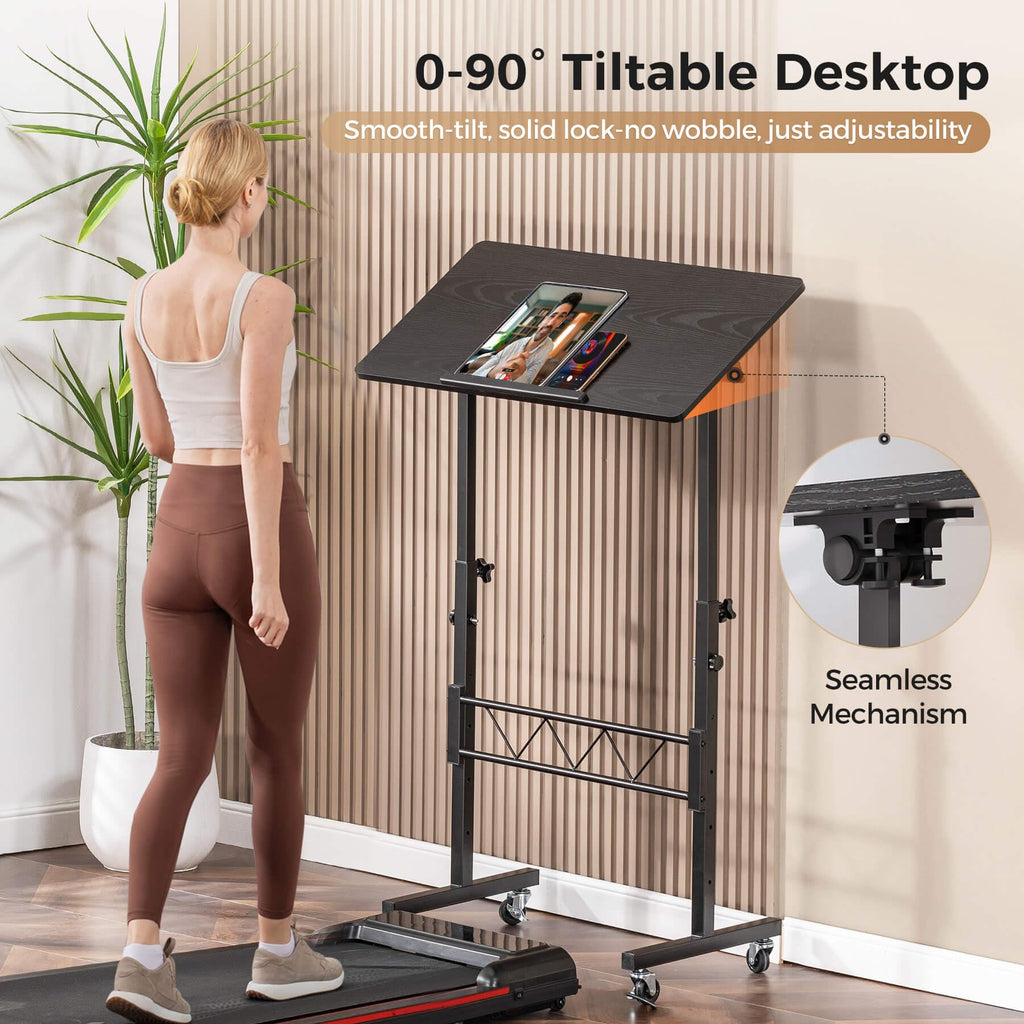 Standing Desk Adjustable Height & Tiltable Tabletop, Portable Stand Up Desk for Laptop, Mobile Folding Desk for Home Office Work and Walking Pad Treadmill, Height 30.7"-46.4", Black
