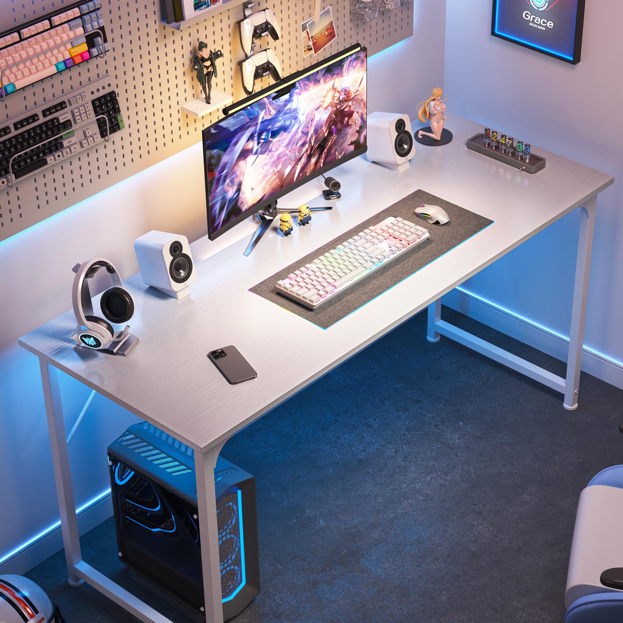 Computer Desk, 55 Inch Home Office Desk, Gaming Writing Work from Home Study Desk, Large Legroom, Sturdy Metal Frame, Modern Simple, White