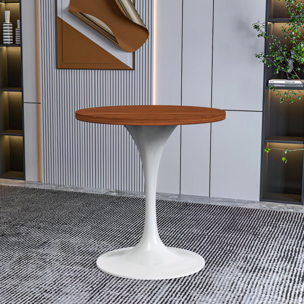LeisureMod Verve Mid-Century Modern 27 Inch Round Dining Table, MDF Wood Tabletop with White Steel Pedestal Base, Contemporary Kitchen & Dining Room, Small Space Breakfast Table, Cognac Brown