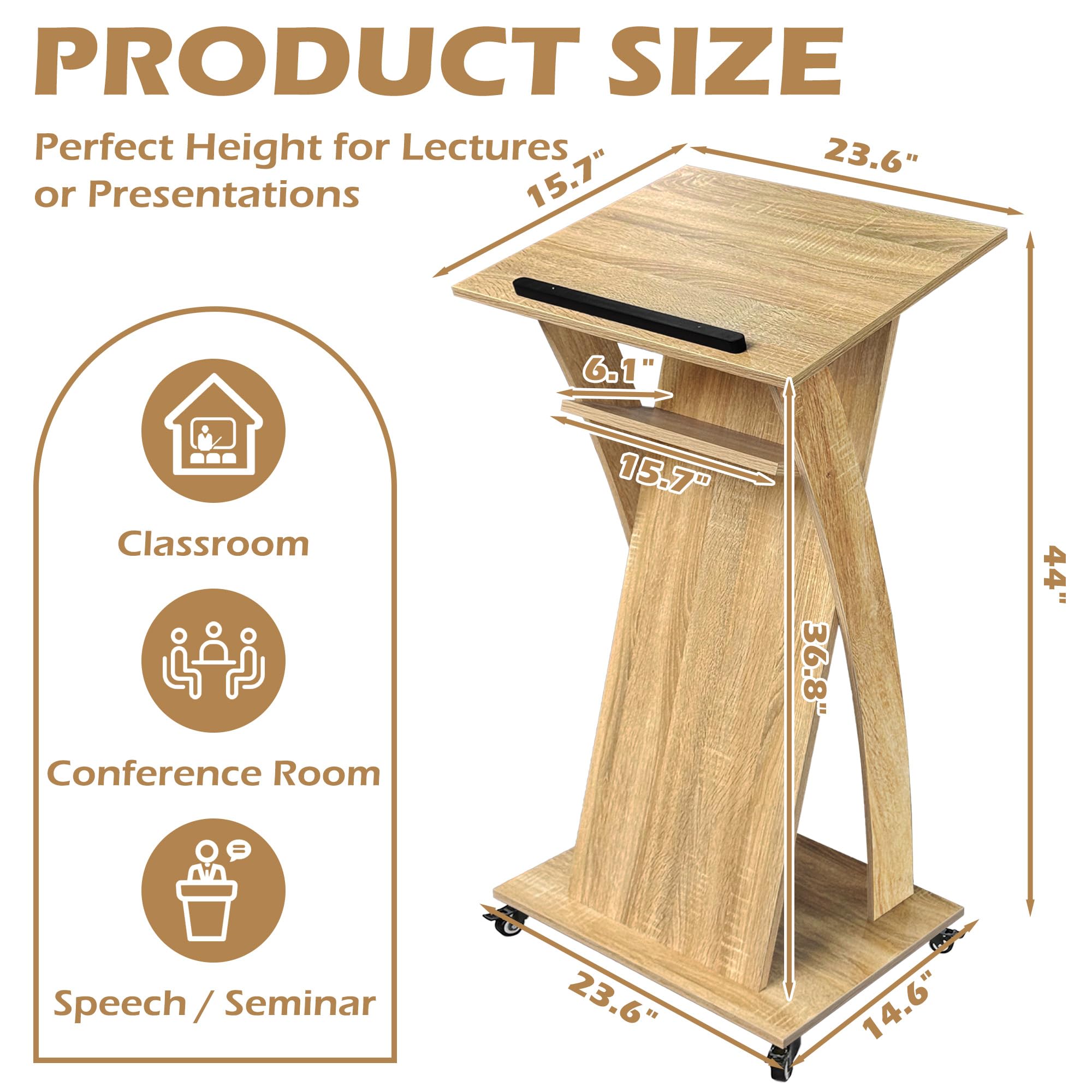 Wooden Podium Stand with Lockable Wheels, Mobile Lectern Pulpit with Storage Shelf for Church, Classroom, Office, and Conference Room