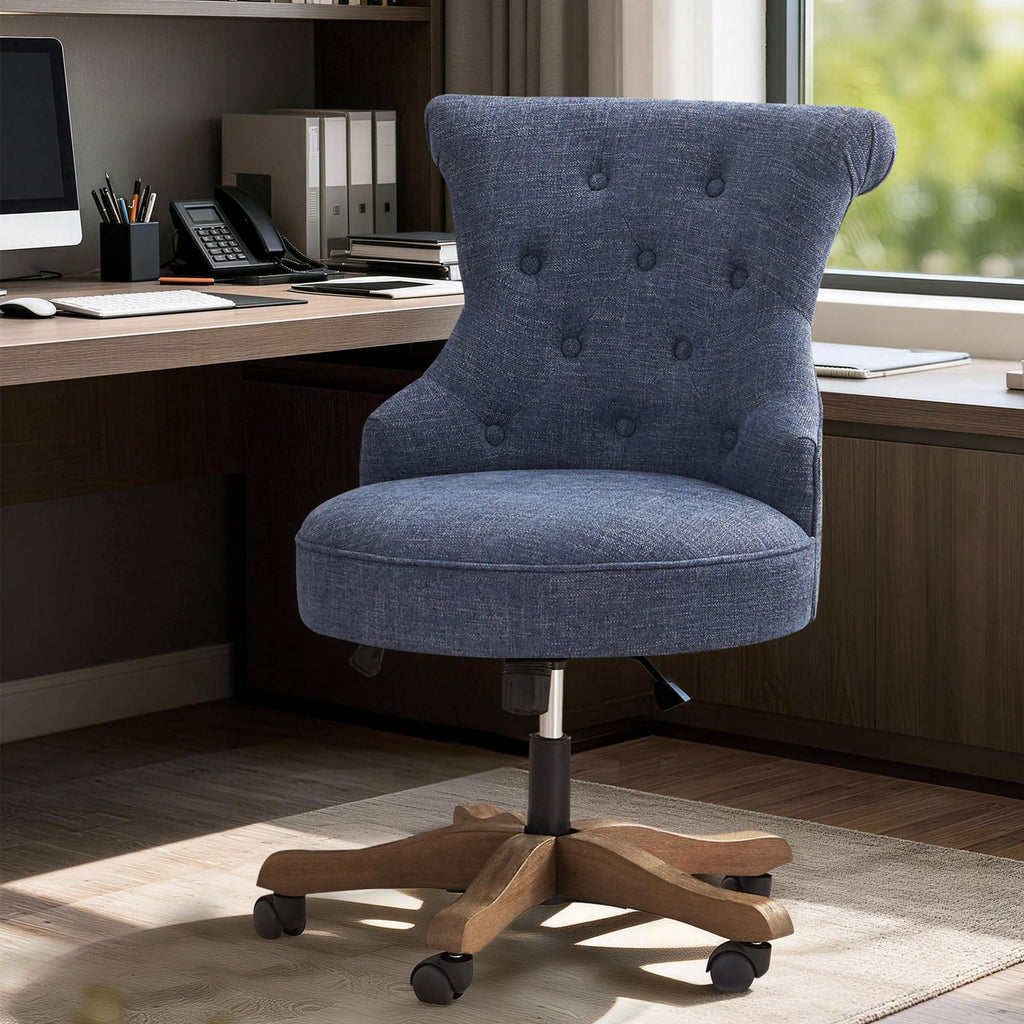 Home Office Chair Upholstered Armless Desk Chair with Wheels Adjustable Height Computer Desk Chair with Wooden Legs Linen Comfortable Swivel for Farmhouse Study Studio (Blue)