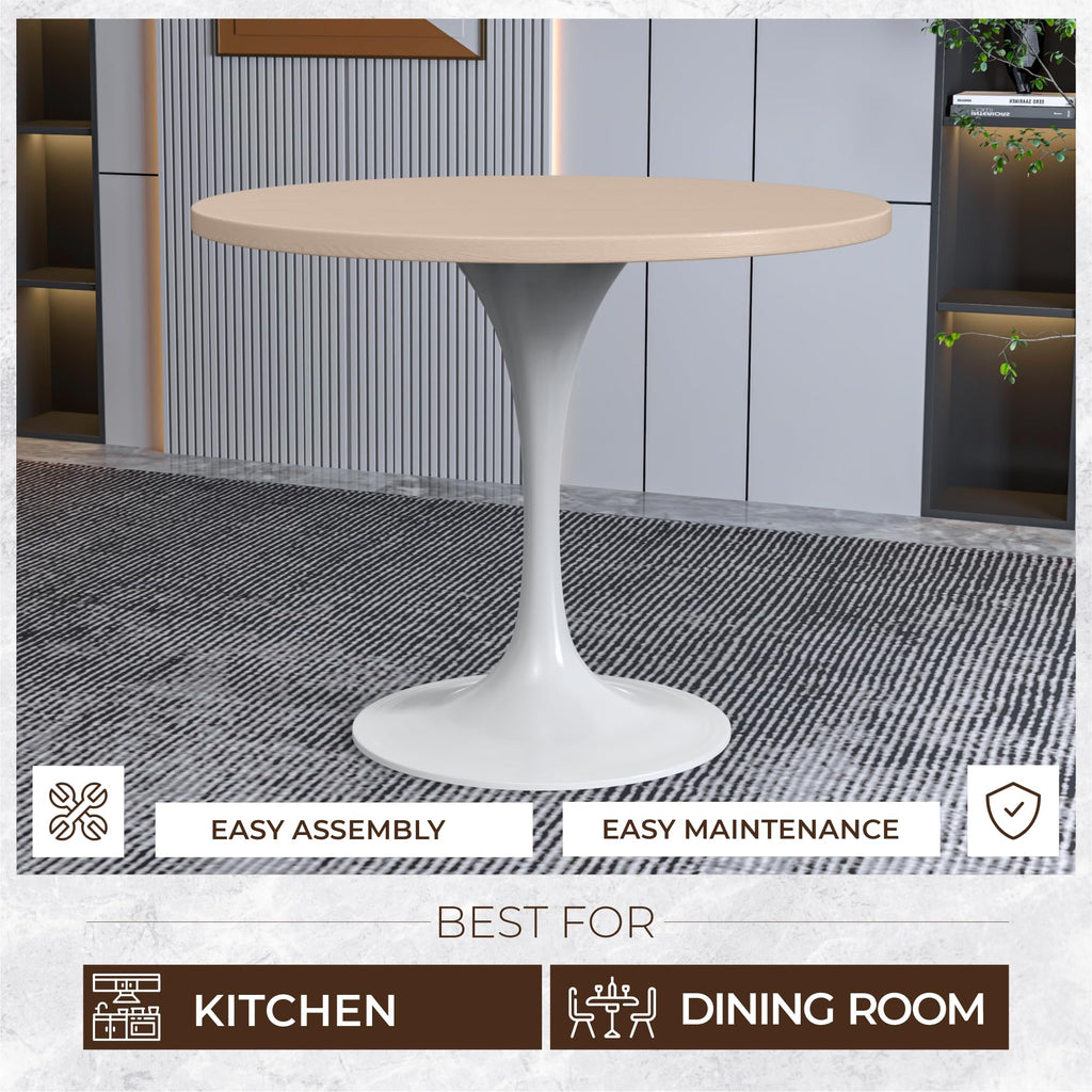 Verve Mid-Century Modern 36 Inch Round Dining Table, MDF Wood Tabletop with White Steel Pedestal Base, Contemporary Kitchen & Dining Room Table, for Small Spaces (Light Natural)