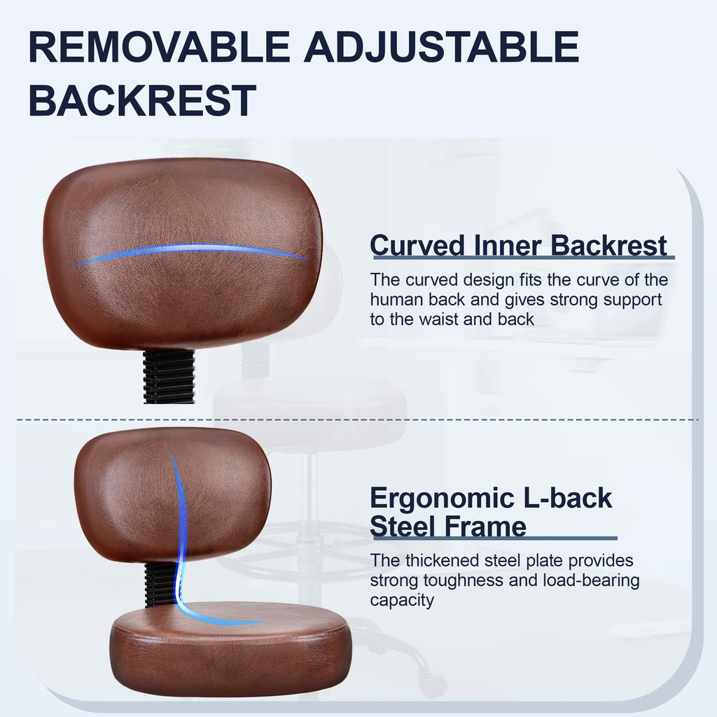 Drafting Chair with Backrest – Adjustable Foot Rest Rolling Stool with Wheels, PU Leather Swivel Stool for Office Spa Studio Lab Counter Salon Home Work Bar Kitchen Shop(Ember Brown)