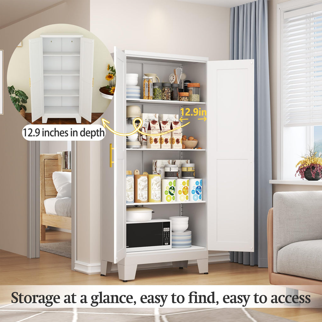 White Metal Storage Cabinet, 61" Kitchen Pantry Cabinets for Office