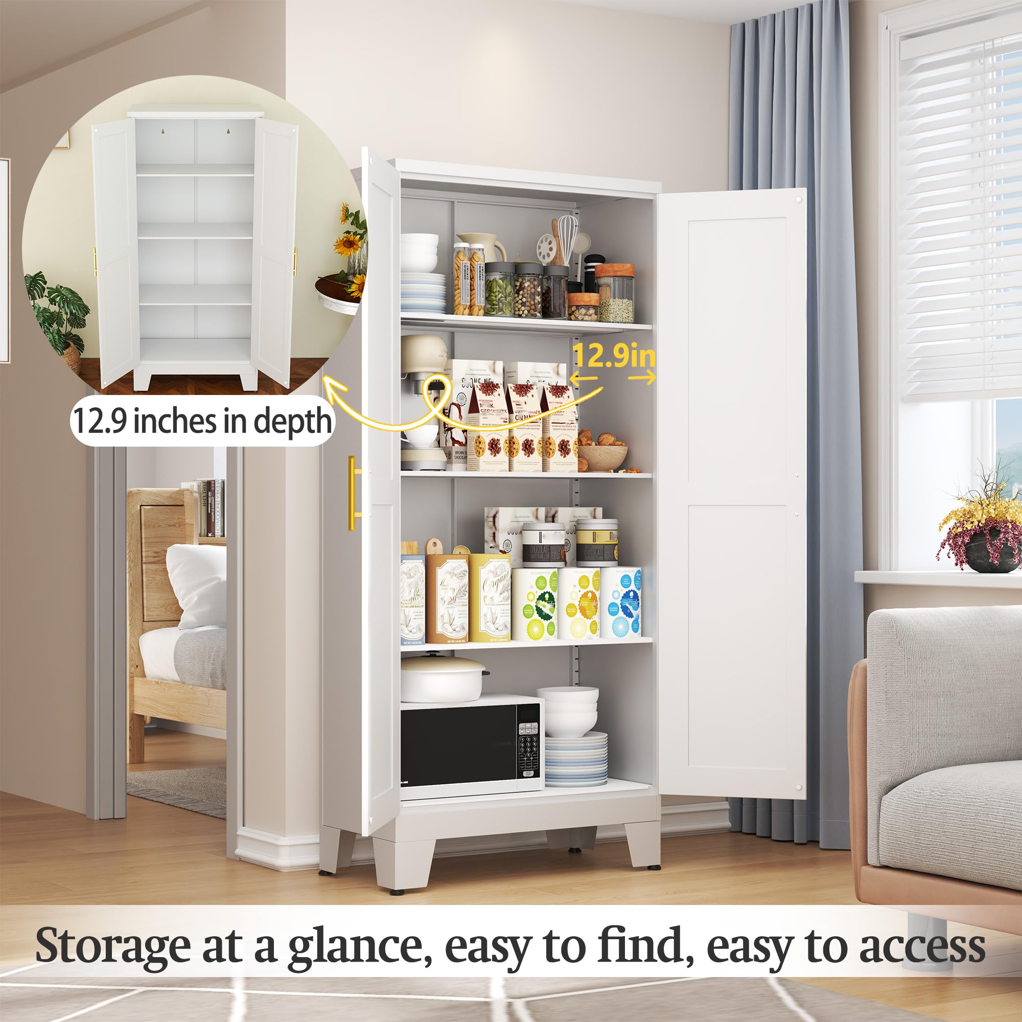 White Metal Storage Cabinet, 61" Kitchen Pantry Cabinets for Office