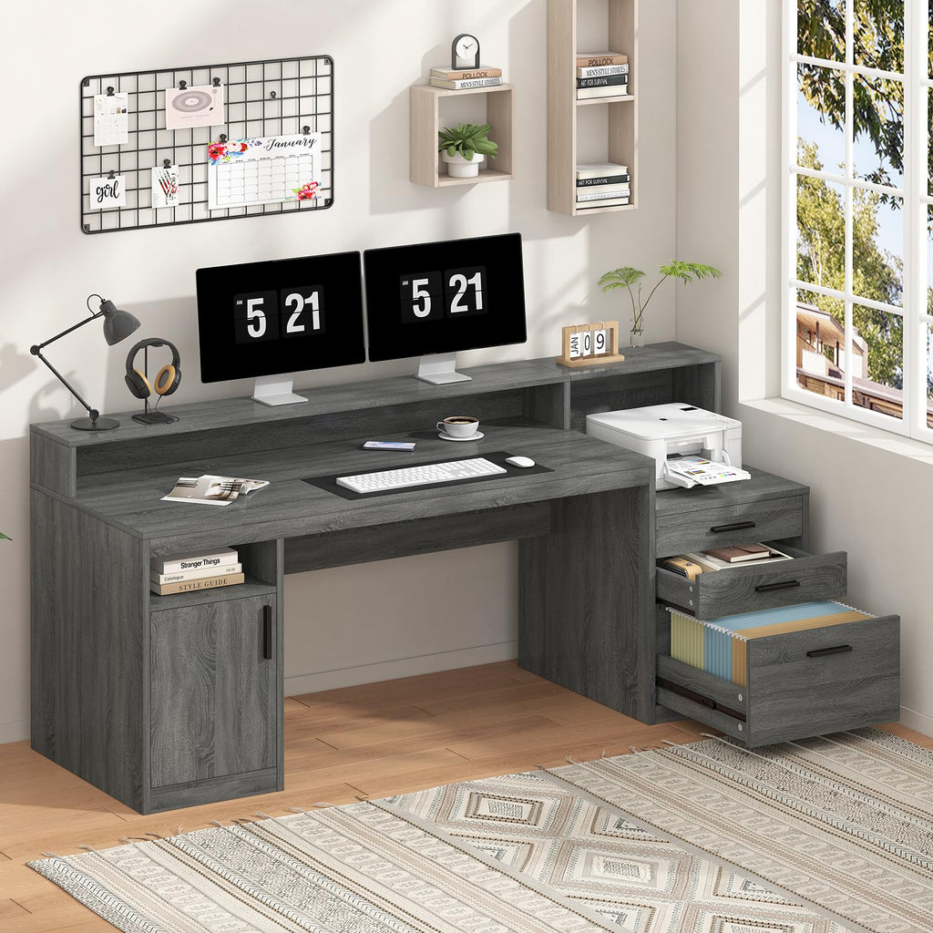 Computer Desk with 3 Drawers & Storage Shelves, 65 Inch Home Office Desk with File Drawer & Cabinet, Writing Study Desks with Monitor Stand & Printer Shelf, Dark Grey