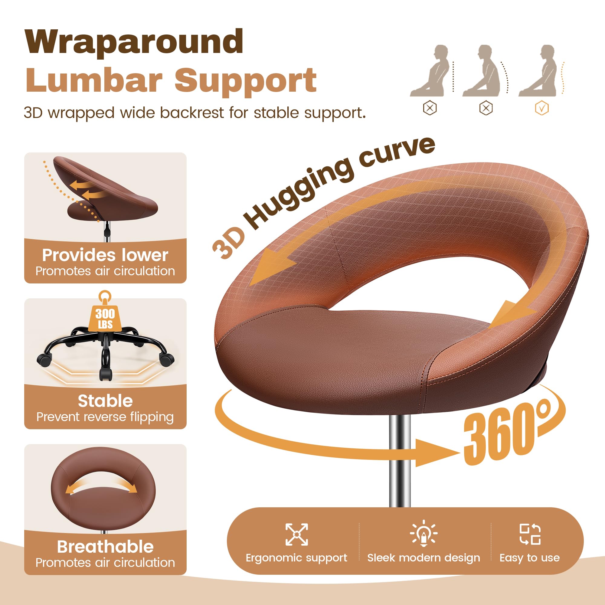 Brown 4 Pack, Drafting Chair with Back, Height Adjustable Rolling Stool with Foot Rest, Tall 360° Swivel Stool PU Leather Chair with Wheels for Home Office, Standing Desk