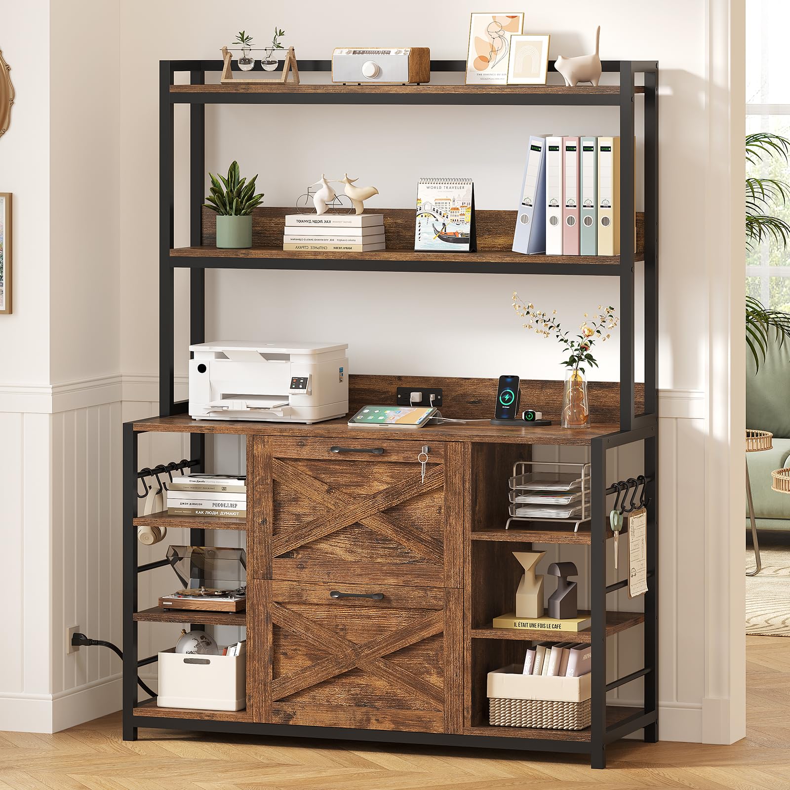 File Cabinet, Filing Cabinet fits Legal/Letter/A4 Size, 2 Drawer Filing Cabinets for Home Office with Lock, Power Strip and Open Storage Shelves, Rustic Brown