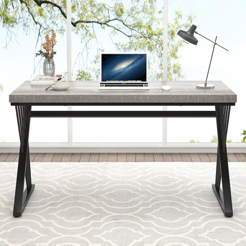 Modern Desks, Rustic Wood and Metal Computer Desk for Home Office, Simple Study Writing Work PC Table for Bedroom Living Room, Light Grey, 47 Inch