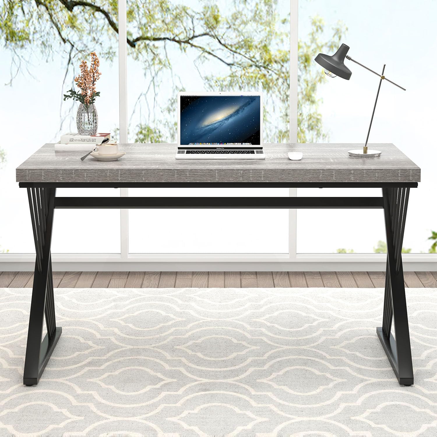 Modern Desks, Rustic Wood and Metal Computer Desk for Home Office, Simple Study Writing Work PC Table for Bedroom Living Room, Light Grey, 47 Inch