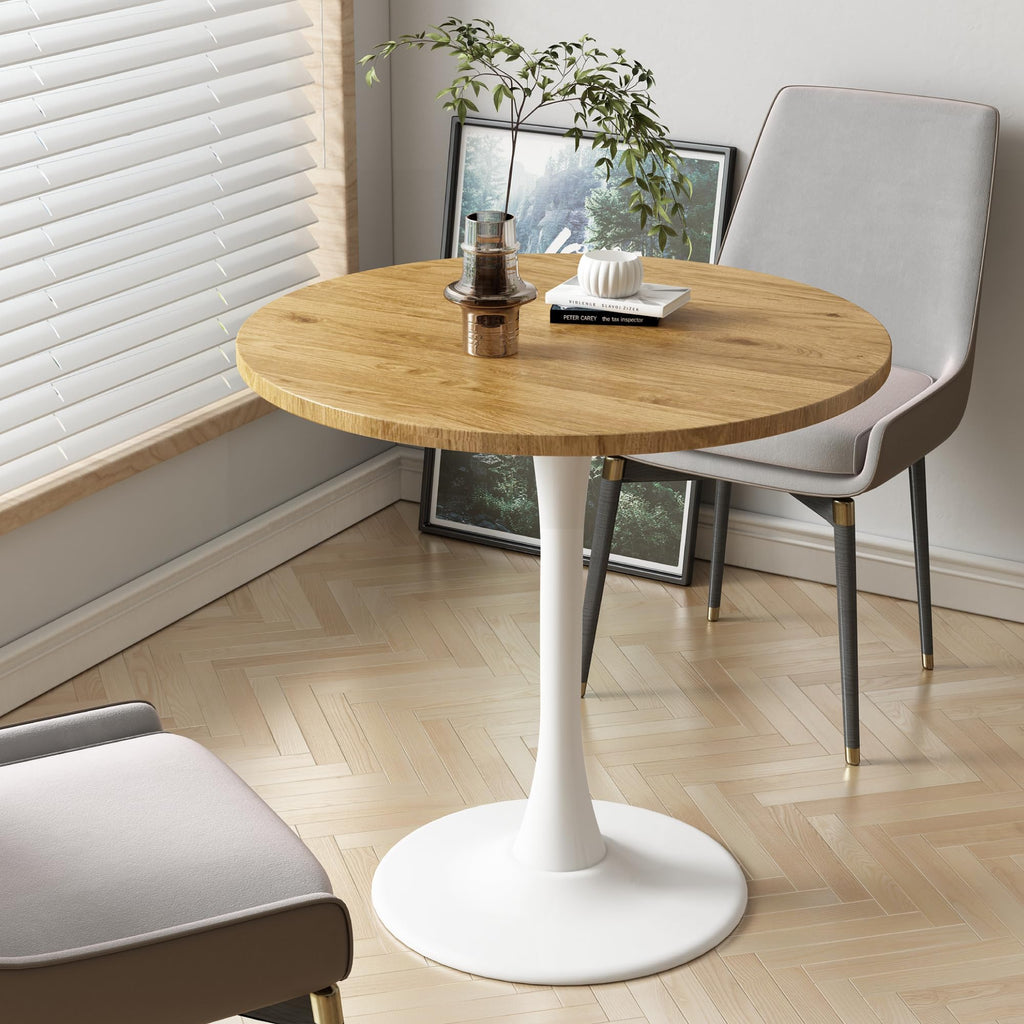 Kasinali Round Dining Table 30" Circle Tulip Table with Wood Thickened Tabletop & Sturdy Metal Pedestal Mid Century Modern Leisure Bistro Kitchen Tables 4 People Small Places Living Room Cafe,Oak