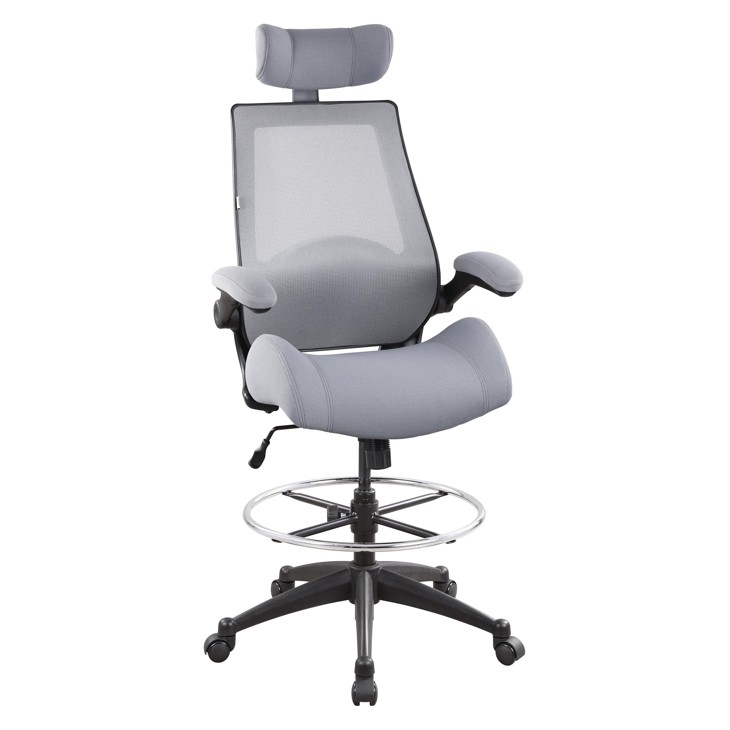 400lbs High Back Computer Office Drafting Chair Flip up Armrests Lumbar Support Adjustable Big Footrest Ring (Grey)