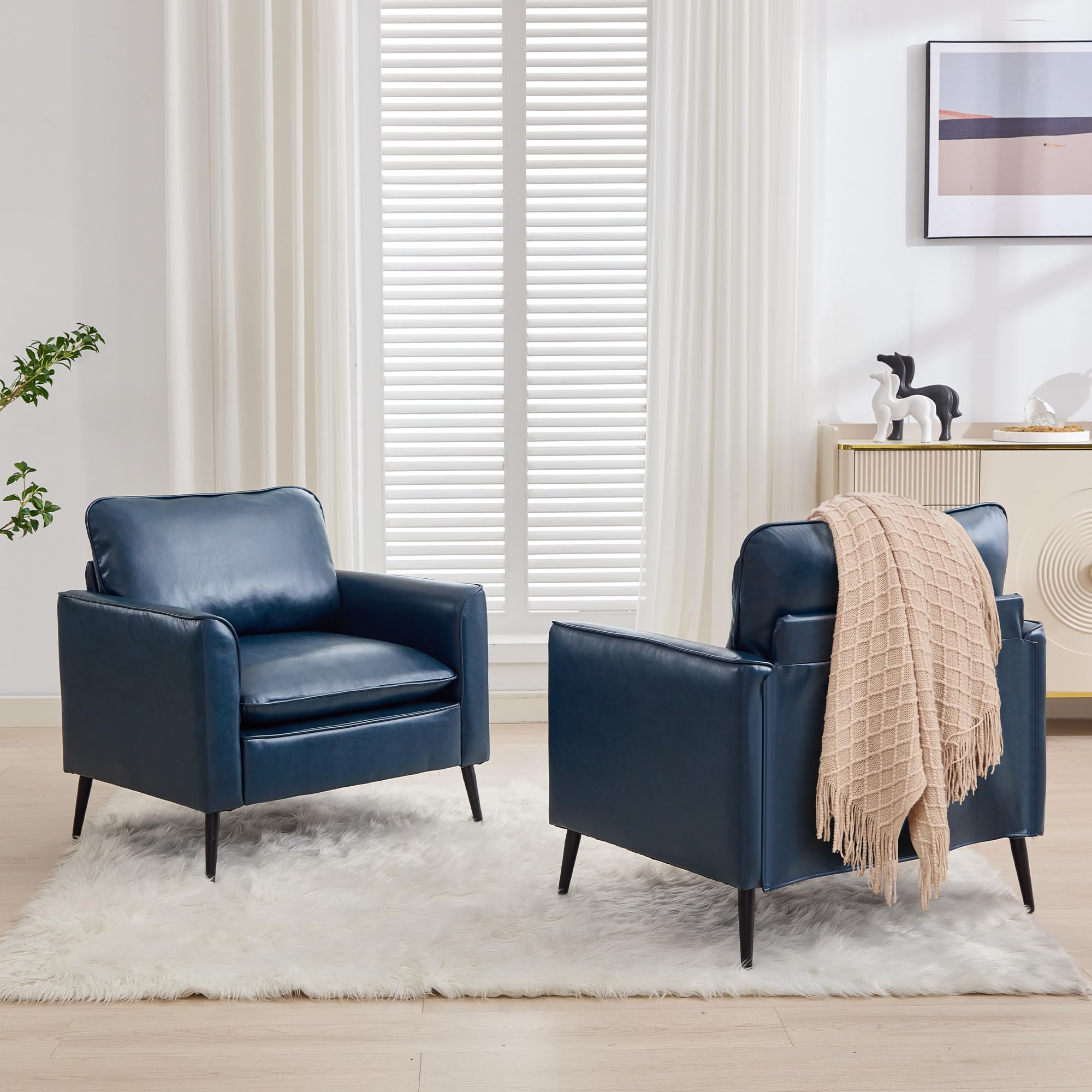 Accent Chairs Set of 2, Faux Leather Chairs, Mid Century Modern Comfy Living Room Chairs, Cozy Office Reading Chair, Reception Armchairs for Living Room, Waiting Room, Bedroom (Blue)