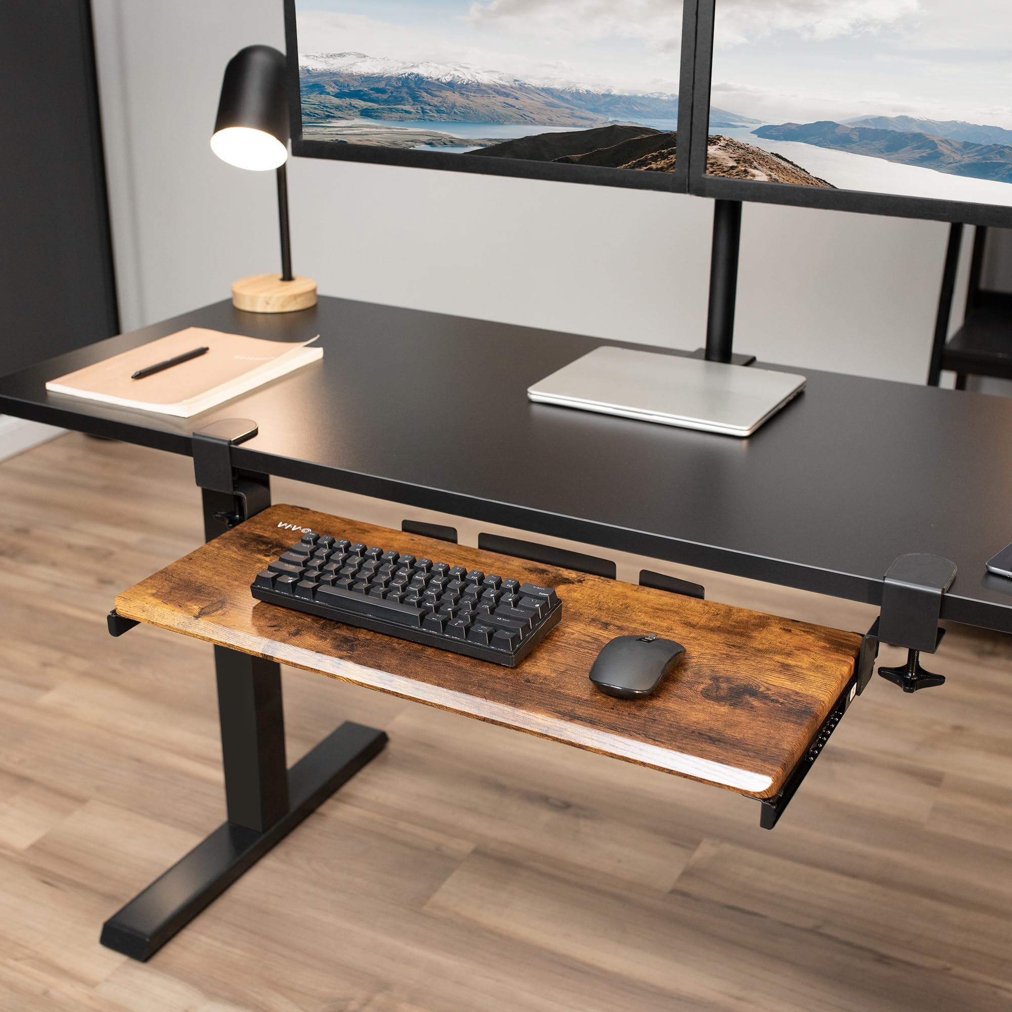 Large Clamp-on Computer Keyboard and Mouse Under Desk Slider Tray, 27 x 11 inch Pull Out Platform Drawer, Rustic Vintage Brown