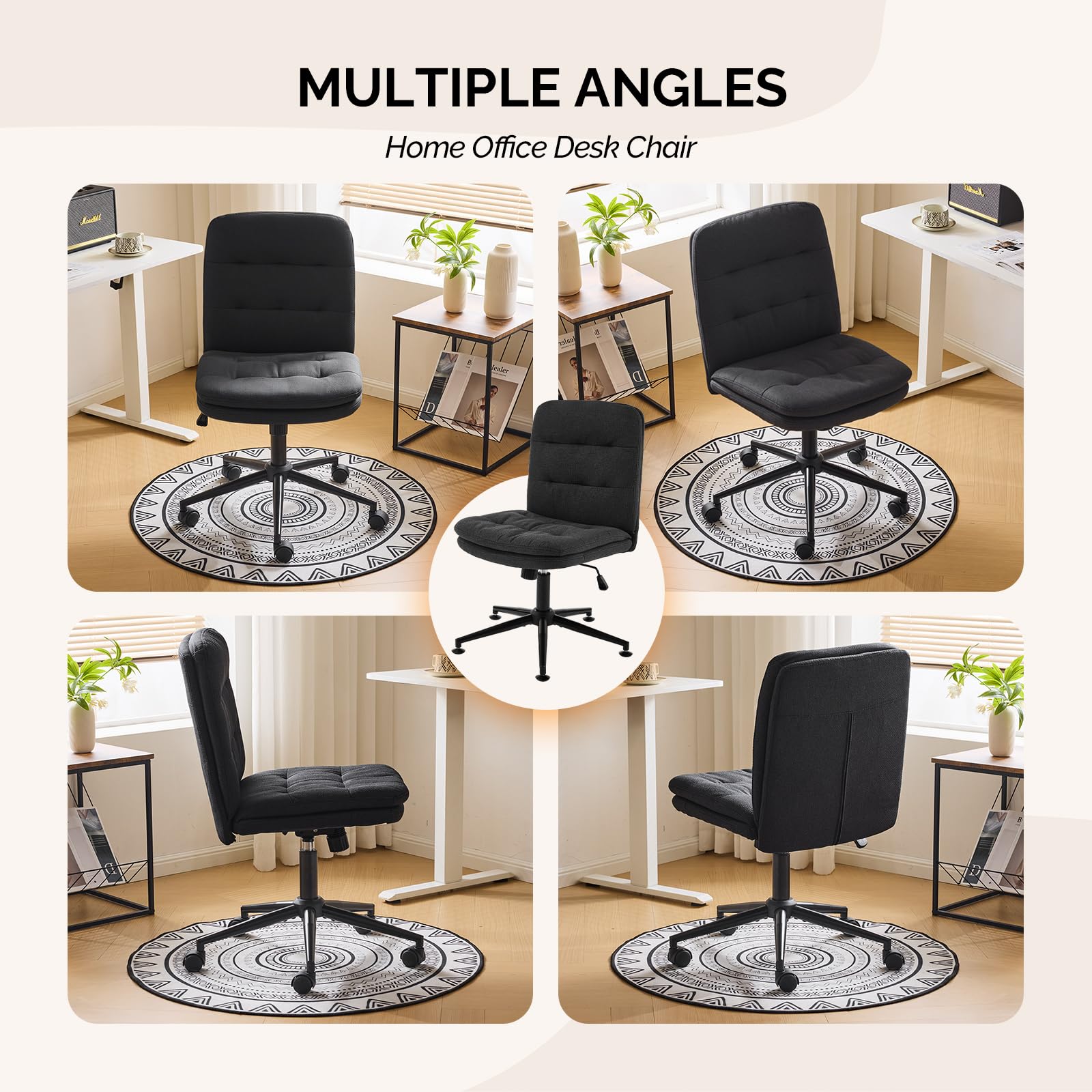 Mid Back Armless Office Desk Chair with Wheels/no Wheels,360°Rocking Swivel Vanity Chair with Thickened Cushion,Adjustable Height Rolling for Reading Room, Make up, Linen Black