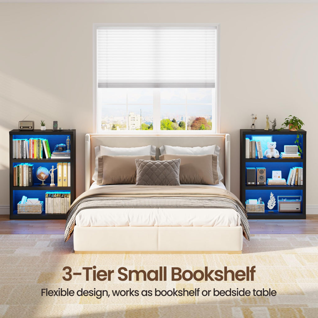 Modular LED Bookshelf with 3 Tiers, Motion Sensor and USB Charging - Black